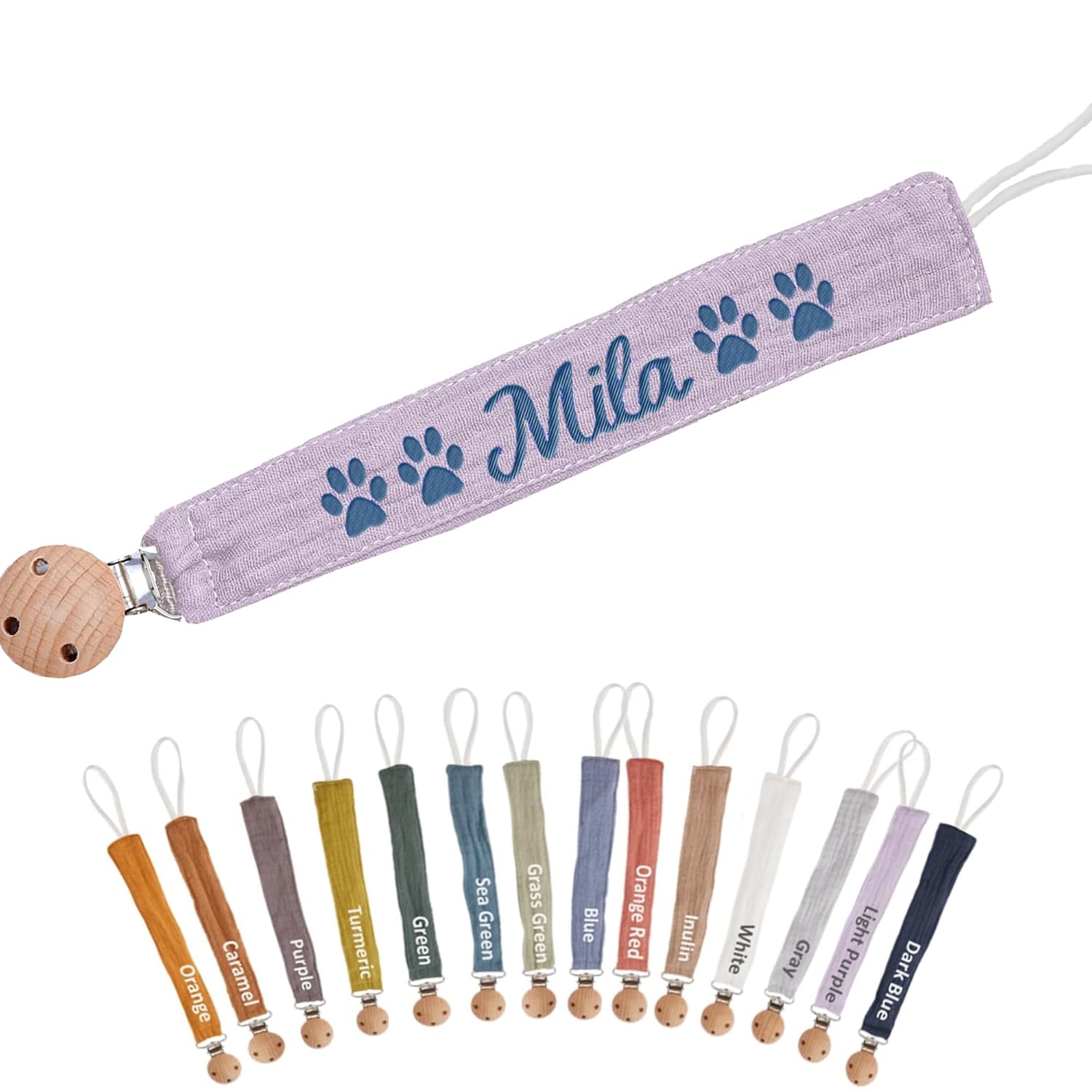 Custom Boho Pacifier Clip Holder with Embroidered Name – A Perfect Personalized Baby Baptism Gifts in Eco-Friendly Bamboo! (Light Purple)
