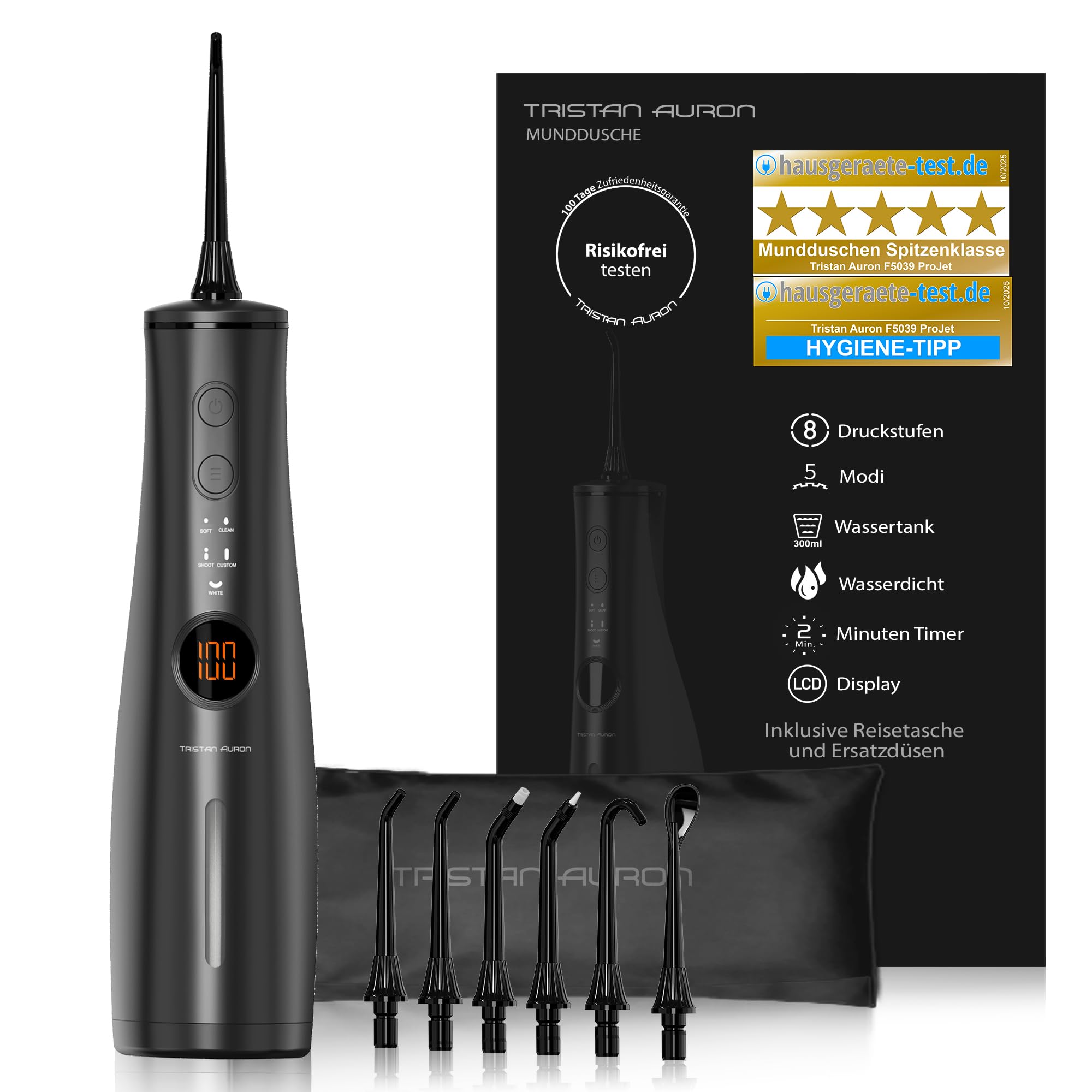 Tristan Auron Munddusche – Ersatzdüsen und Reisetasche, 5 Modi, 8 Druckstufen inkl. Shoot Modus, 300ml Tank, LCD Display, USB-C Schnellladung, IPX7 - ProJet Water Flosser