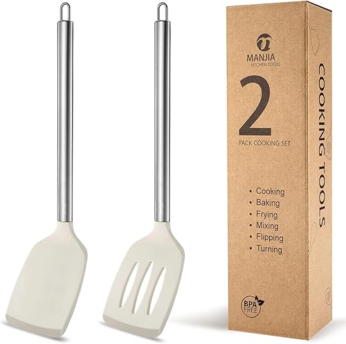 Miniatura 9 de MANJIA Juego de espátulas de silicona sólida y espátula ranurada antiadherente, espátulas de silicona, utensilios de cocina ideales para cocinar