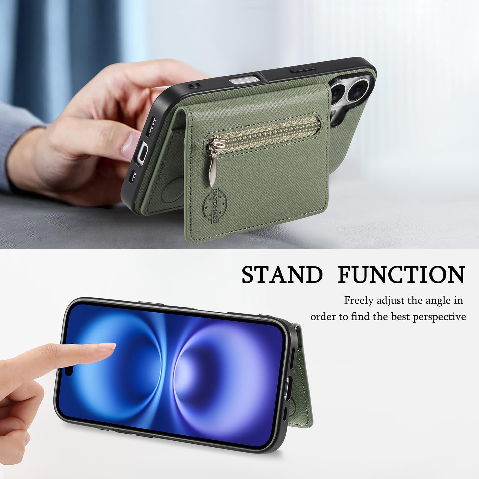 Smukłe etui do iPhone 16 Pro Max/16 Pro/16 Plus/16, skórzane etui z przegródkami na karty, blokada RFID, etui z klapką, podpórka, etui na telefon komórkowy, styl biznesowy, szary, 16 Pro Max