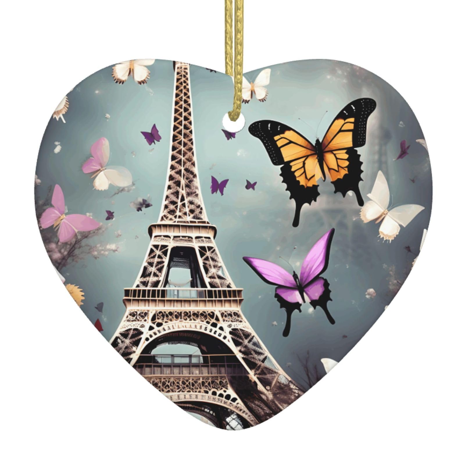 Nbtghga White Romantic Paris Butterfly Eiffel Print Christmas Ornaments, Ceramic Hanging Ornament, Xmas Tree Decoration, Holiday Home Decor