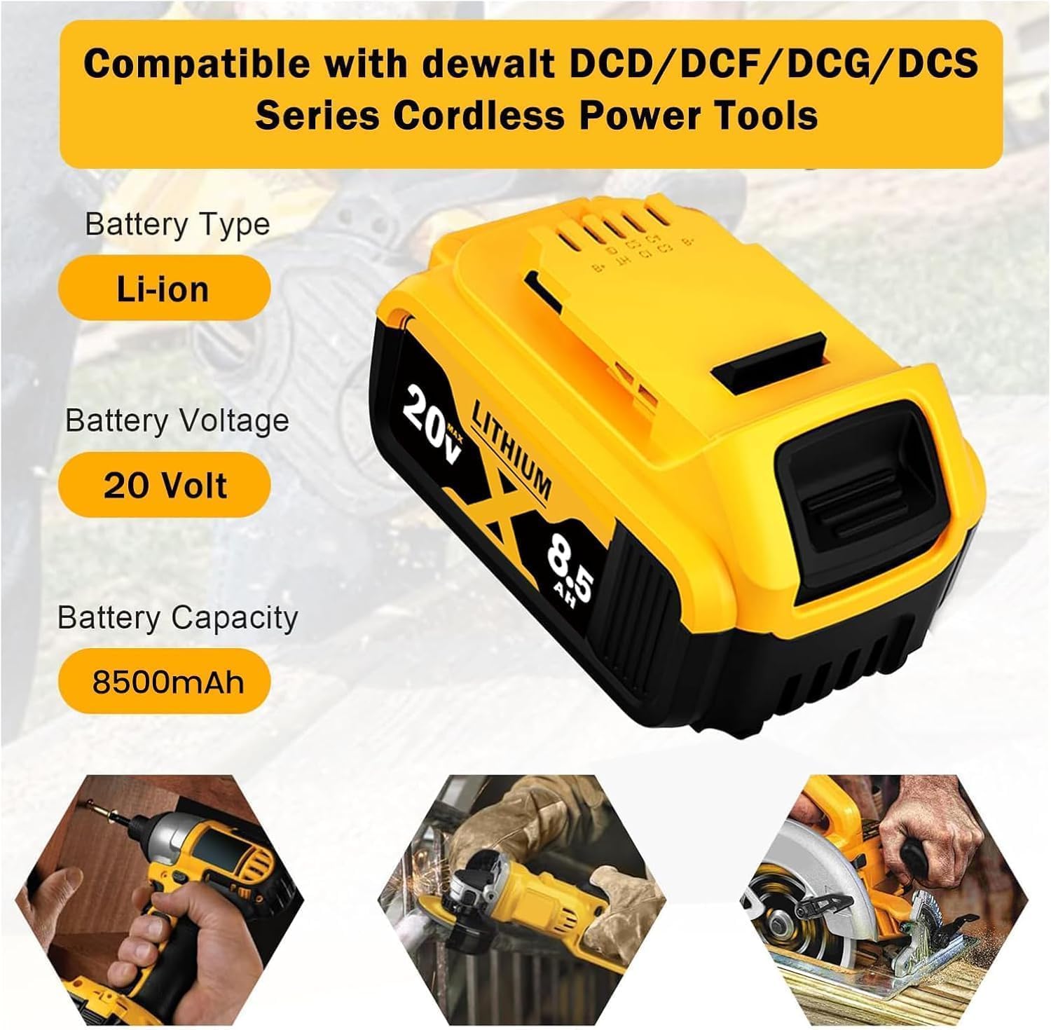 8500mAh 20V Max Replace for Dewalt 20V Max Battery Lithium Ion Compatible with Dewalt Cordless Power Tools (6pcs 8500mAh)