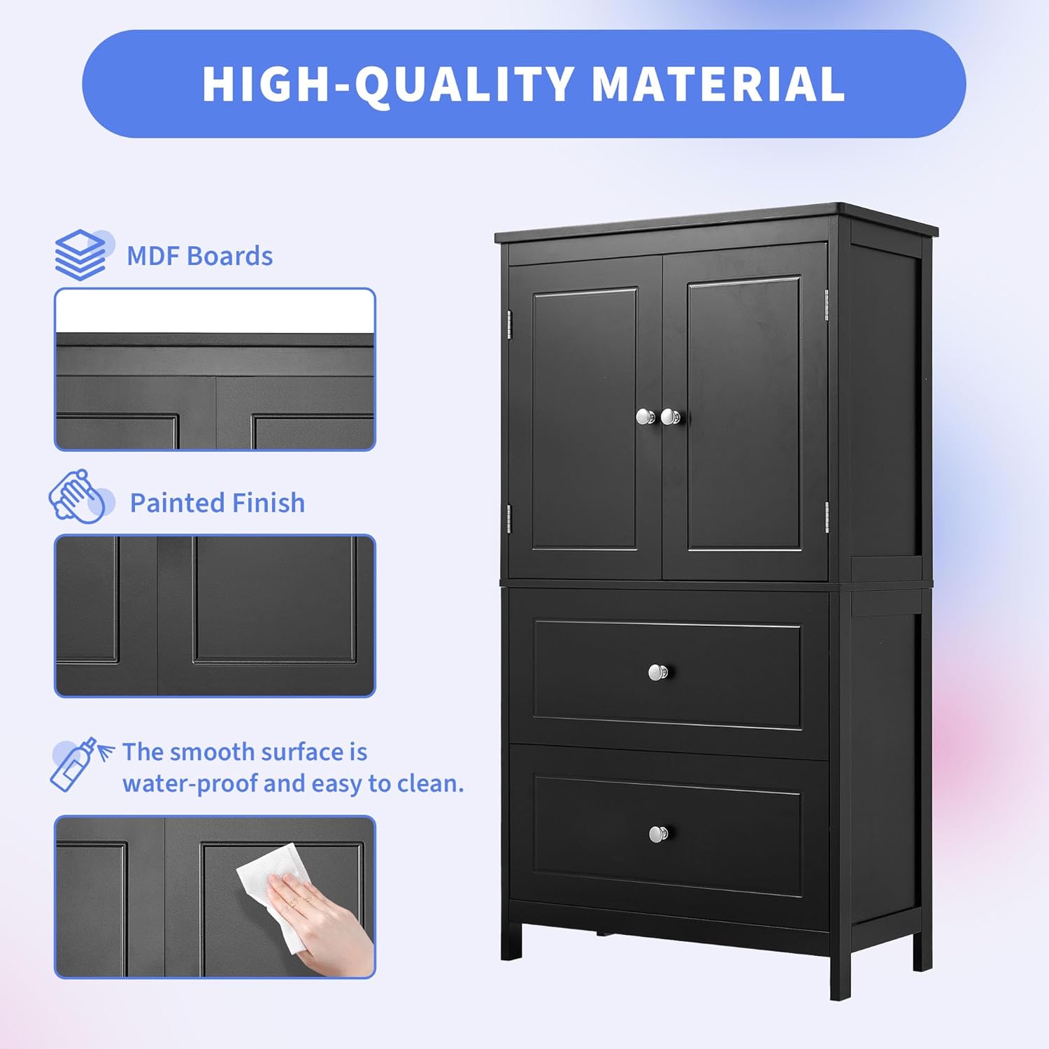 Wide Bathroom Storage Cabinet, Freestanding with Two Doors and 2 Drawers, Adjustable Shelf for Living Room, Kitchen (Black)
