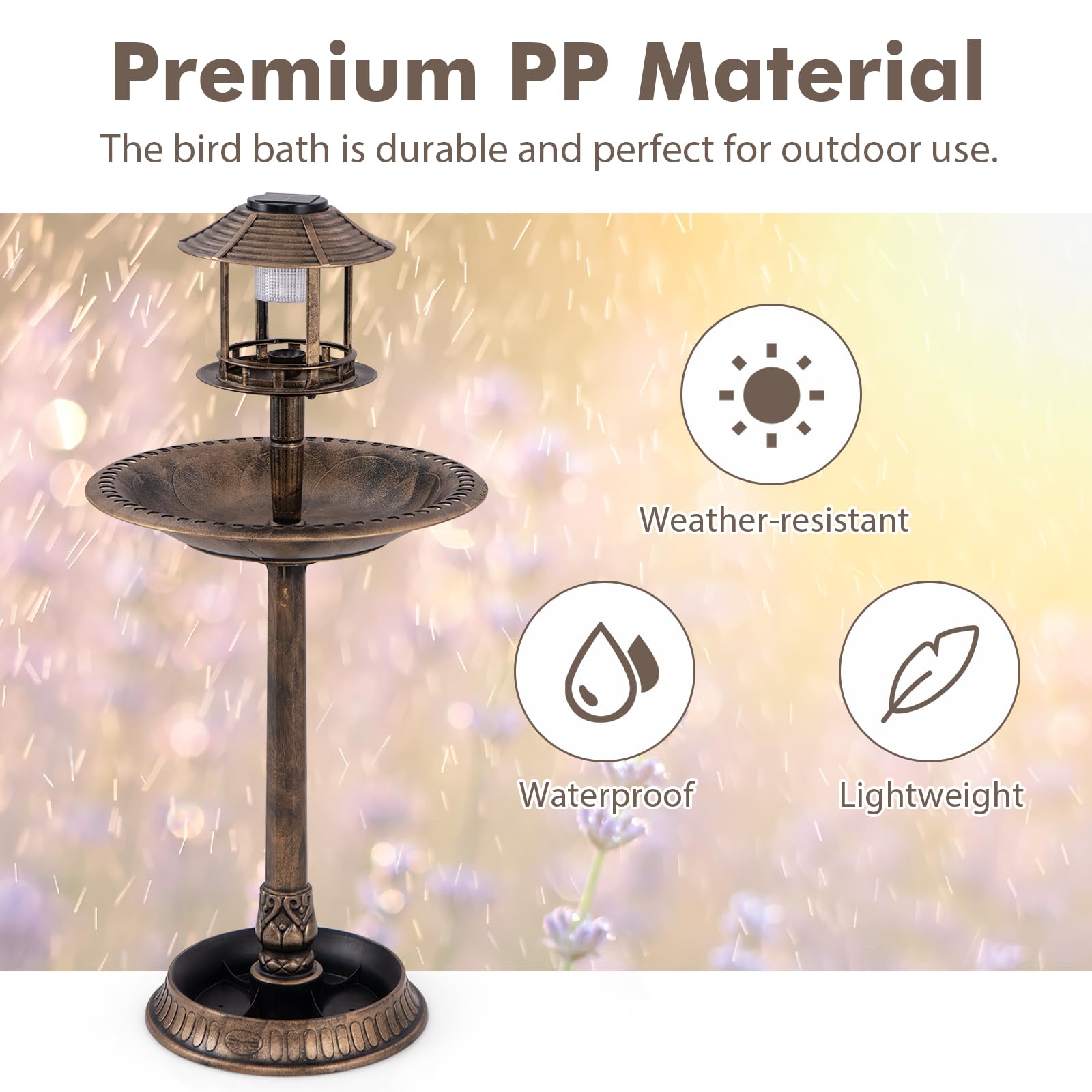 PETSITE Vasca per uccelli a energia solare, con piedistallo con mangiatoia per uccelli, base per fioriere e lampada a energia solare, vasca per uccelli in piedi per esterni, giardino o cortile