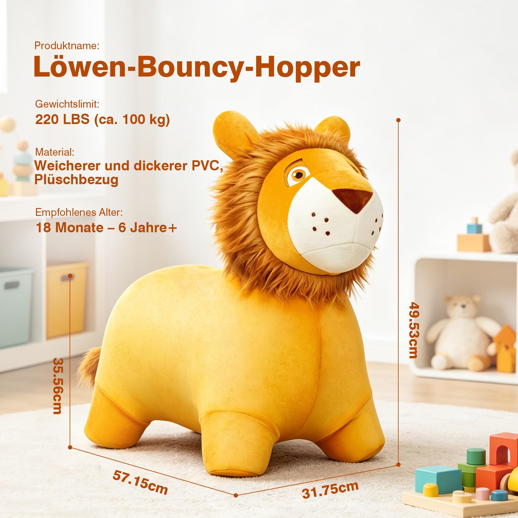 Vastoy Löwe Hüpftier für Kinder ab 1 Jahr Aufblasbar Hüpfpferd mit Pumpe | 100kg Belastbar Hüpftiere PVC Sprungpferd Springspielzeug für Innen Außen Garten Oster Weihnachten Geschenke Jungen Mädchen