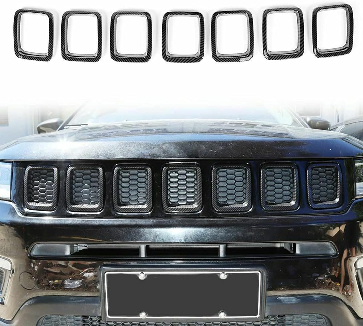 Grille Inserts Grill Cover Compatible with Jeep Compass 2017-2021 Front Grill Cover Rings Frame Trims Kit 7PC (Carbon Fiber Look)