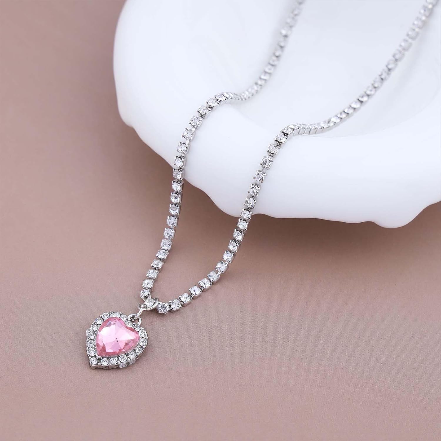 Vintage Pink Crystal Heart Pendant Necklace Rhinestone Heart Necklace Silver Cz Tennis Chain Choker Necklace Sparkly Crystal Love Heart Choker Necklace Jewelry for Women - Image 4