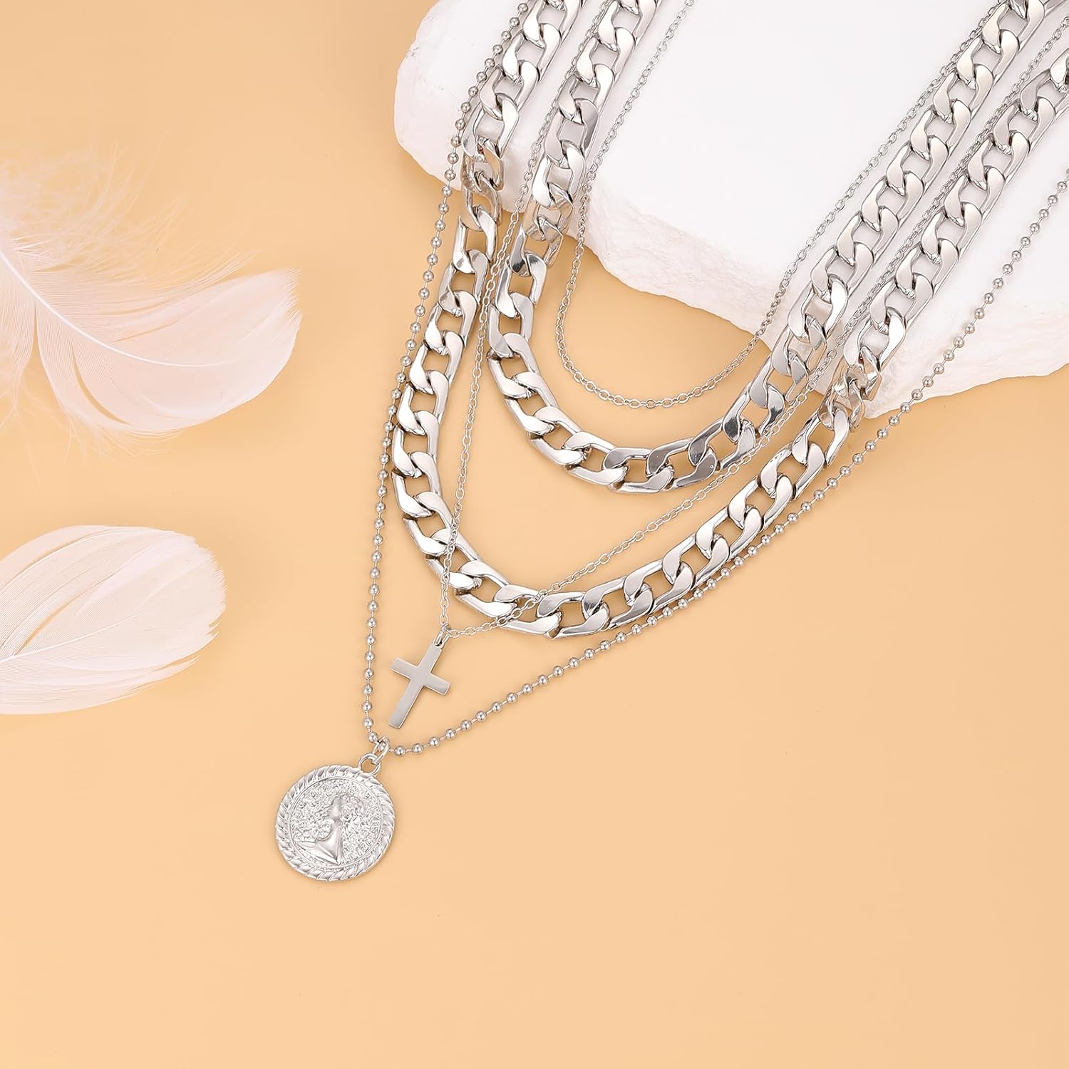 MJartoria Bundle - Silver Layered Necklaces for Women Trendy Retro Coin Pendant and Layered Initial Necklaces for Women Trendy