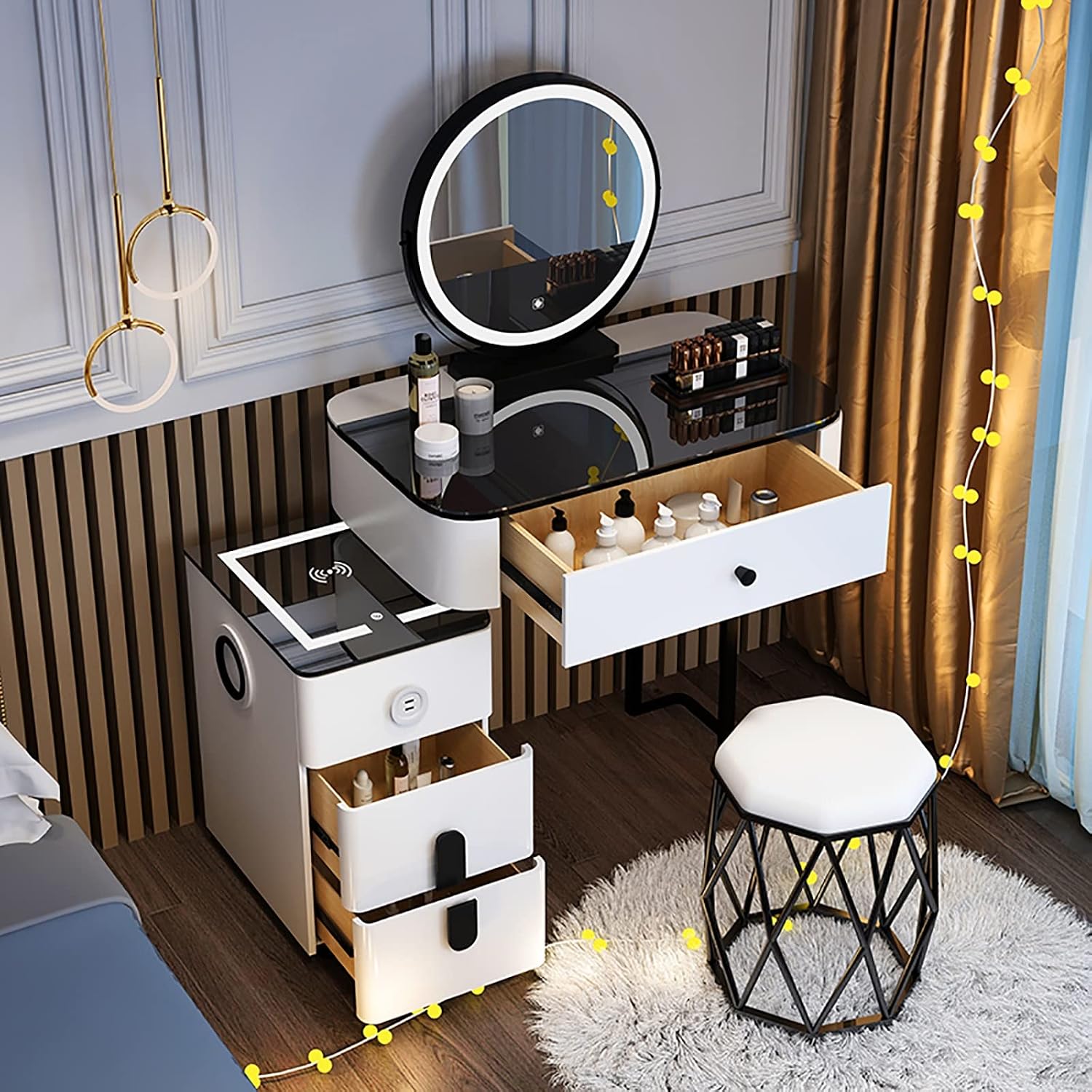 Modern White Makeup Vanity Set with Charging Station 3 Colors Lights Vanity Mirror Speaker and Nightstand Stylish Vanity Desk with Stool for Bedroom