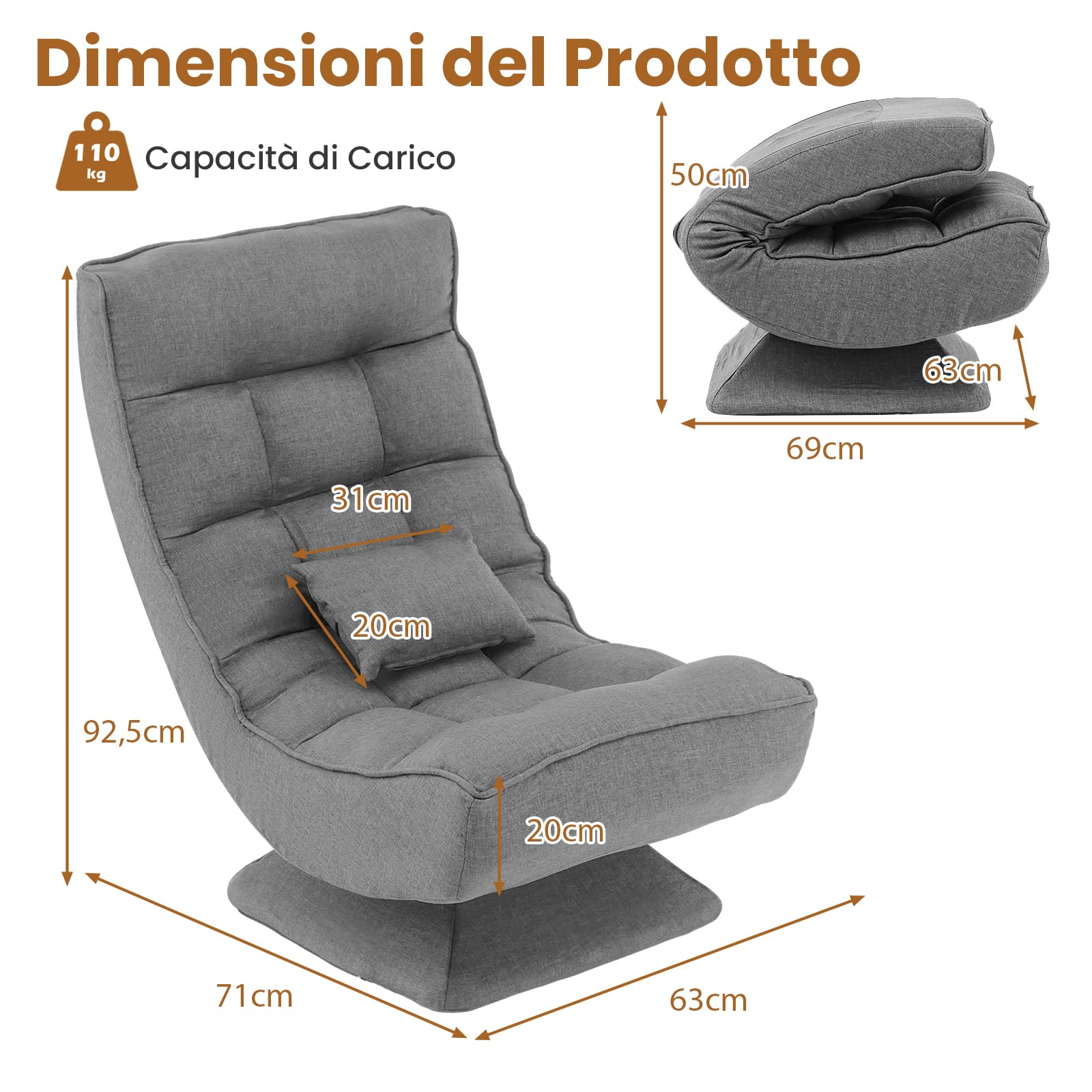 RELAX4LIFE Poltrona da Terra con Base Girevole, Poltrona Relax con Schienale Reclinabile in 4 posizioni, Adatta per Camera da Letto, Ufficio e Soggiorno (71-100 x 63 x 83-92,5 cm, Gray, 1)