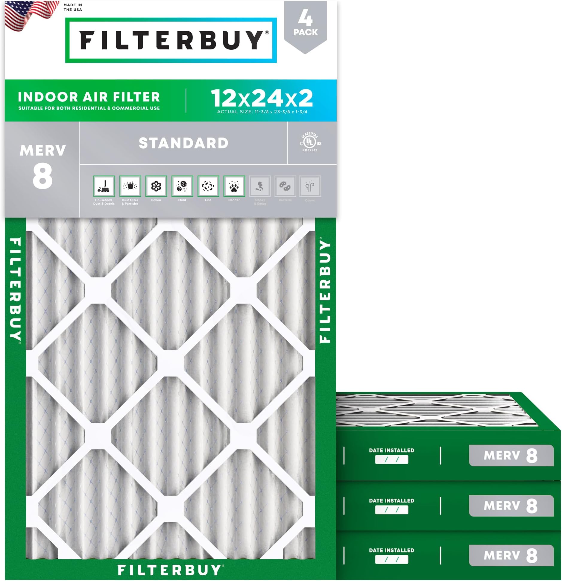 Filterbuy 12x24x2 Air Filter MERV 8 Essential Dust & Allergy Defense (4-Pack), Electrostatic Pleated HVAC AC Furnace Filters Replacement (Actual Size: 11.38 x 23.38 x 1.75)