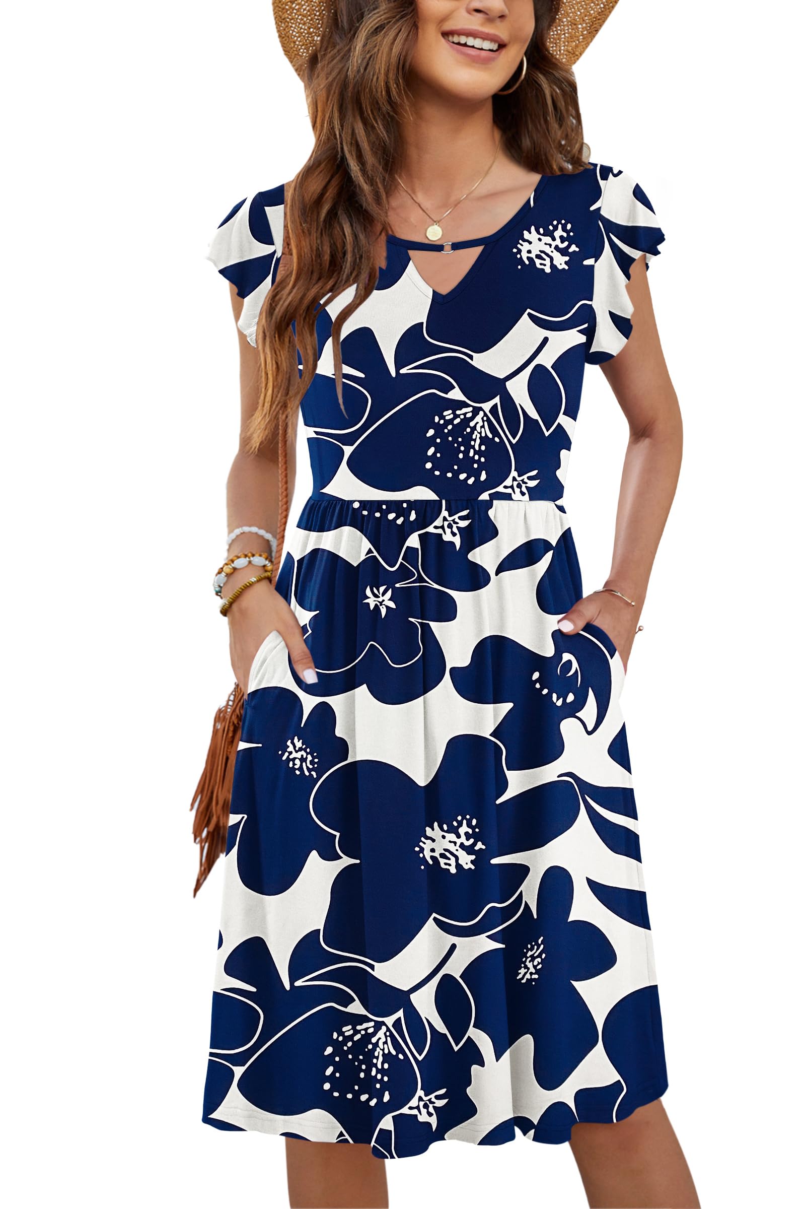 PLOKNRD Damen Sommerkleid Kurzarm V-Ausschnitt Blumenkleid Rüschen Ärmel Freizeitkleid Knielang mit Taschen