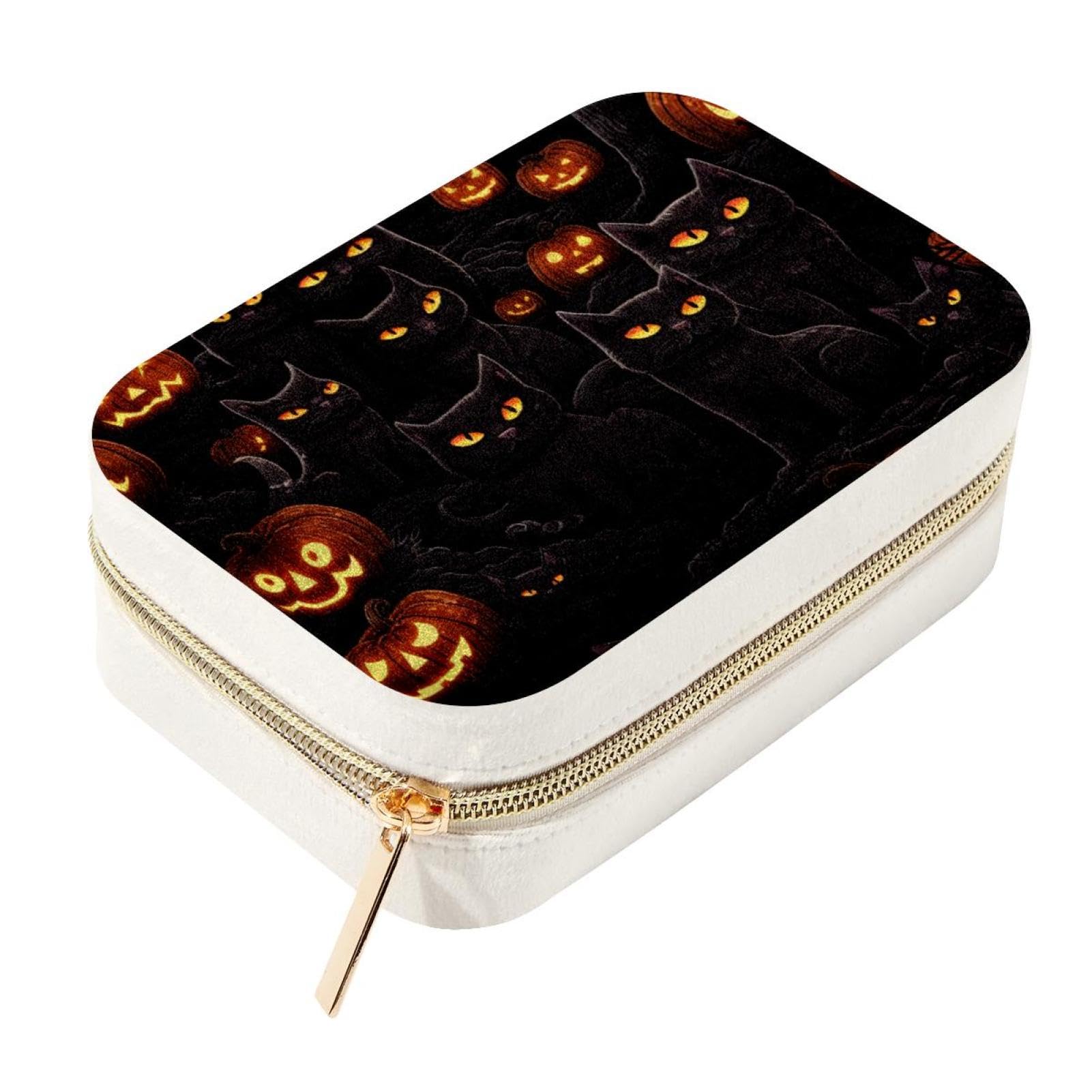 Boîte à bijoux voyage velours noir chat citrouille Halloween