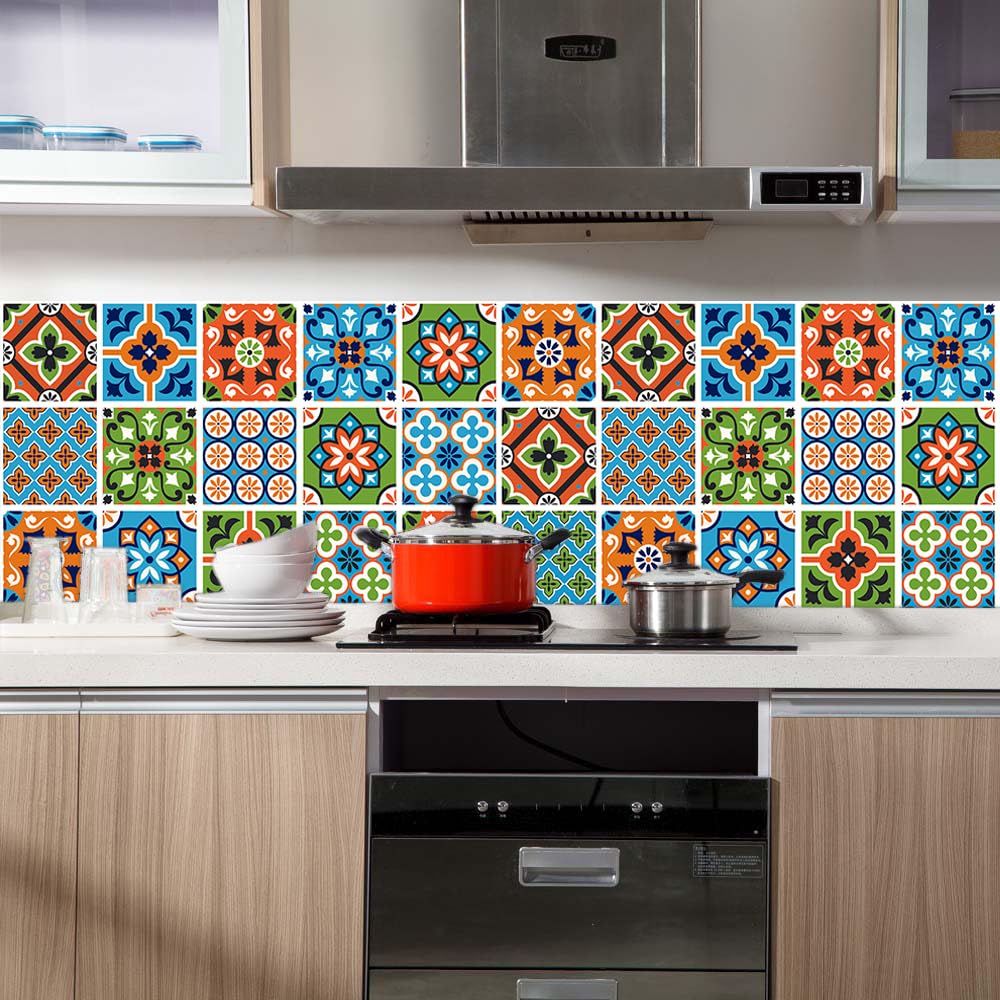 1-3szt. Duże naklejki na płytki, geometryczne pomarańczowe niebieskie naklejki na płytki, odklej i przyklej samoprzylepne ścienne winylowe dekoracje domowe DIY do łazienki, kuchni, wodoodporne, olejoo