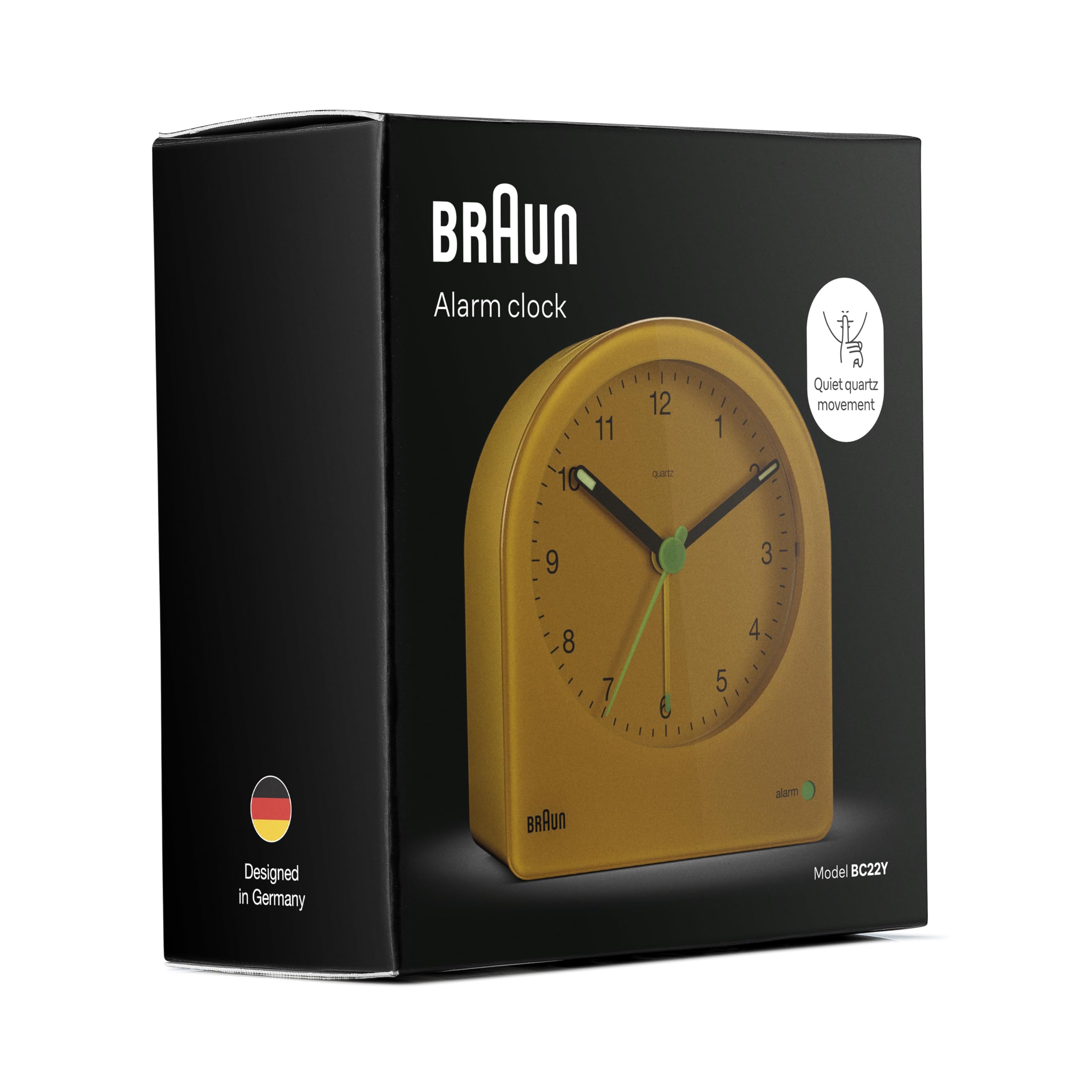 Braun Klassischer analoger Wecker mit Schlummerfunktion und kontinuierlicher Hintergrundbeleuchtung,leisem Quarzwerk, anschwellendem Alarm-Piepton in Gelb, Modell BC22Y