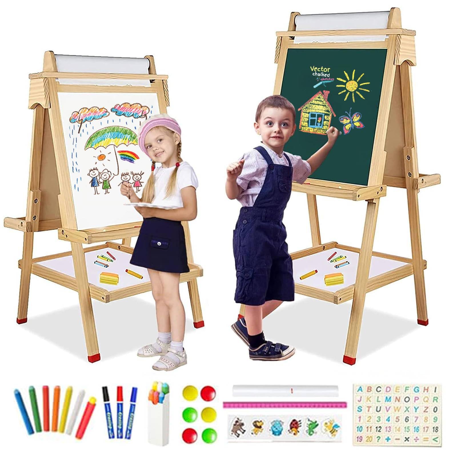 3 in 1 Lavagna per Bambini con Rotolo di Carta, Lavagnas Doppia Faccia Cavalletto Artistico in Legno Cavalletto Pittura in Regolabile Altezza Lavagna Multiattività con Lettere Numeri e Altri accessori