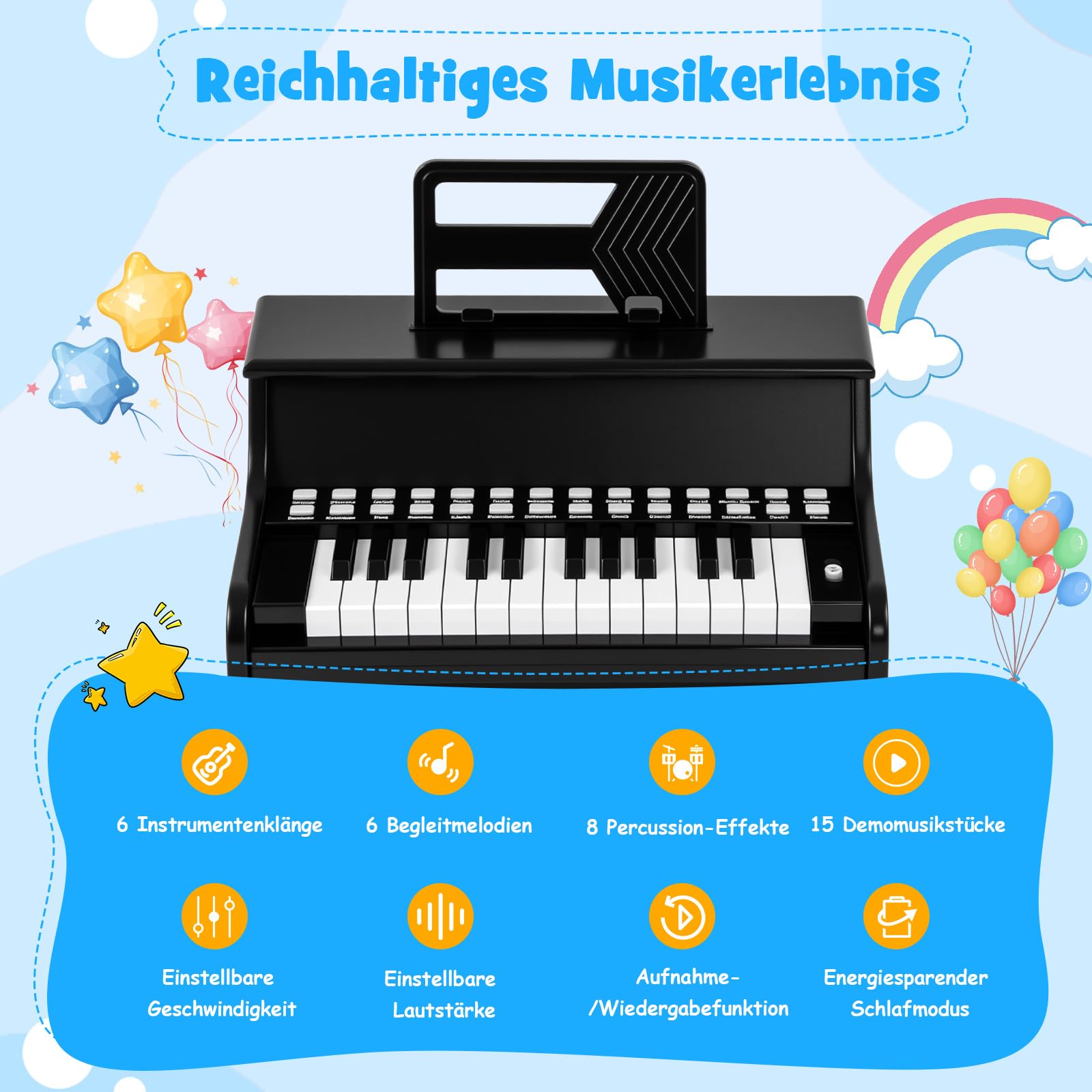 COSTWAY 25 Tasten Keyboard Kinder, Kinderklavier Holz mit Notenständer & Lehrmodus, Kinderpiano mit Einstellbarer Geschwindigkeit & Lautstärke, Mini Klaviertastatur für Kinder ab 3 Jahren (Schwarz)