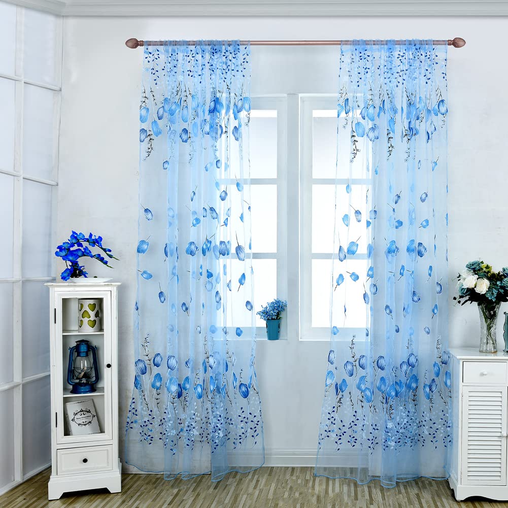 Nukinp Window Curtains Sheer Voile Curtains Tulle Printed for Living Room Bedroom Home Decoration Blue 100 * 200CM