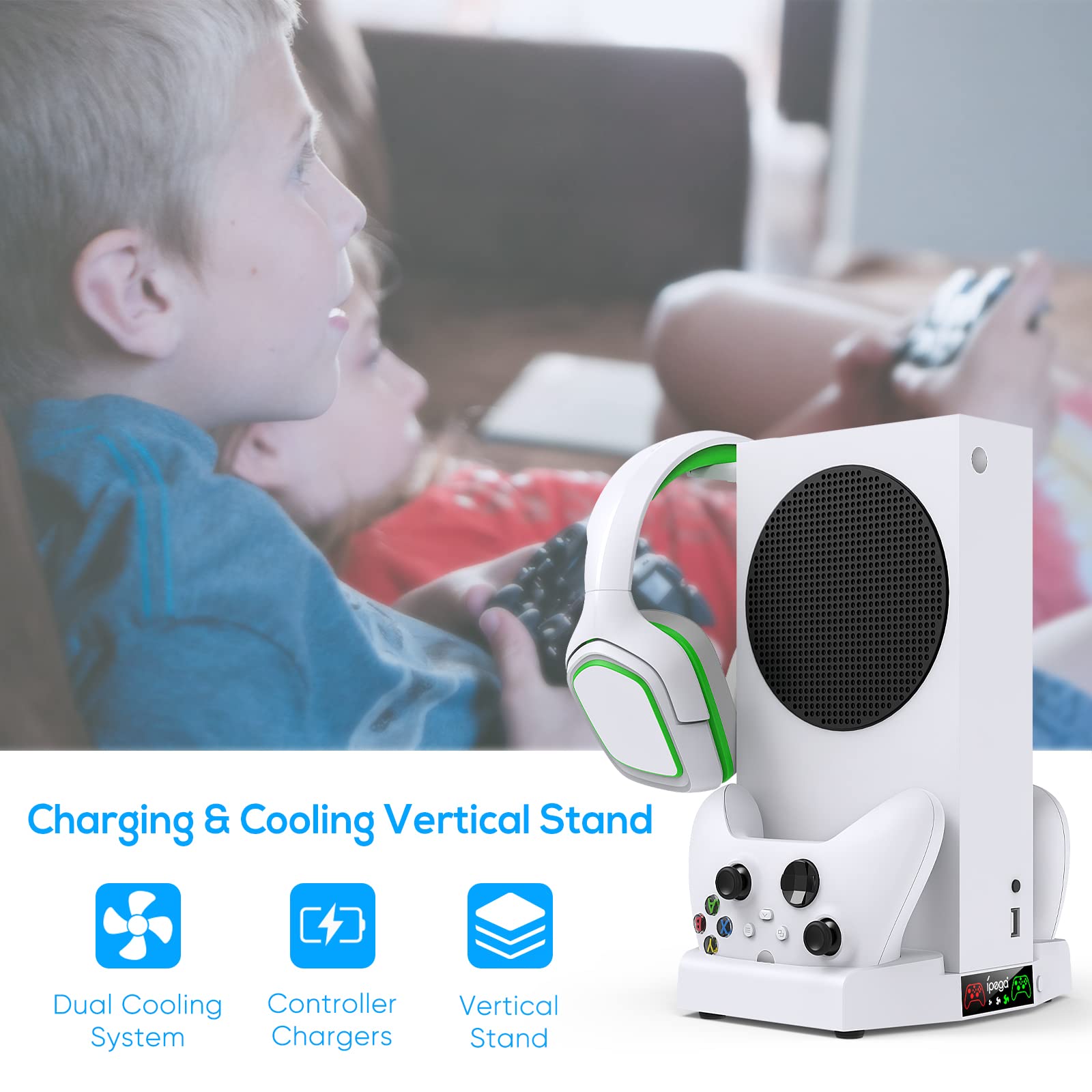 YUANHOT Cooling Stand with Headset Holder Compatible with Xbox Series S, Accessories Cooling Fan Charging Station Dock with Controller Charger and Cooler System - White