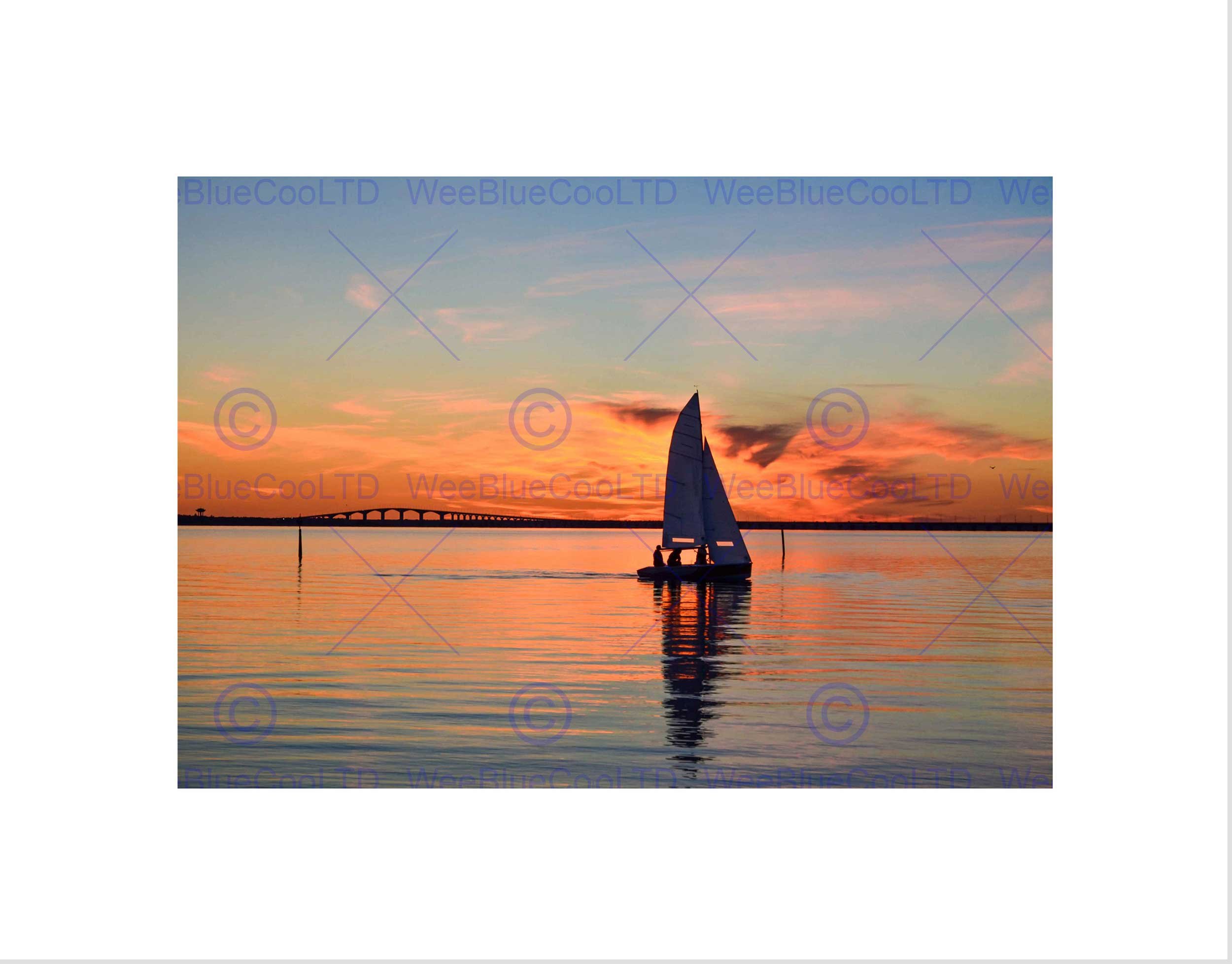 Wee Blue Coo Photo Seascape Oland Bridge Sweden Boat Sunset Clouds Wall Art Print