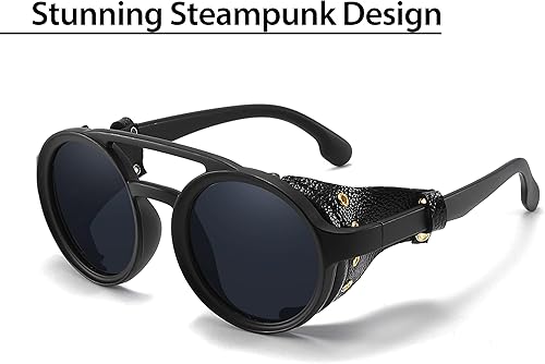 Miniatura 3 de Technigadgets Finnegan Steampunk - Lentes de sol retro para hombre y mujer, con escudo lateral de cuero, doble puente de plástico, marco de
