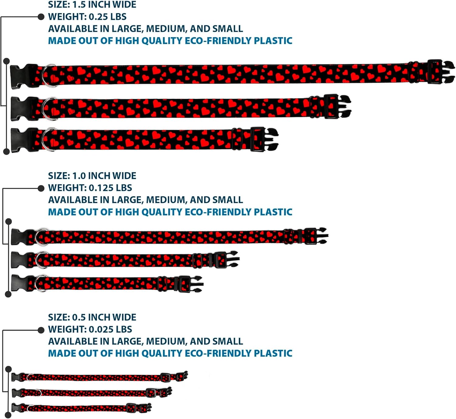 Buckle-Down Plastic Clip Collar - Hearts Scattered Black/Red - 1.5" Wide - Fits 16-23" Neck - Medium