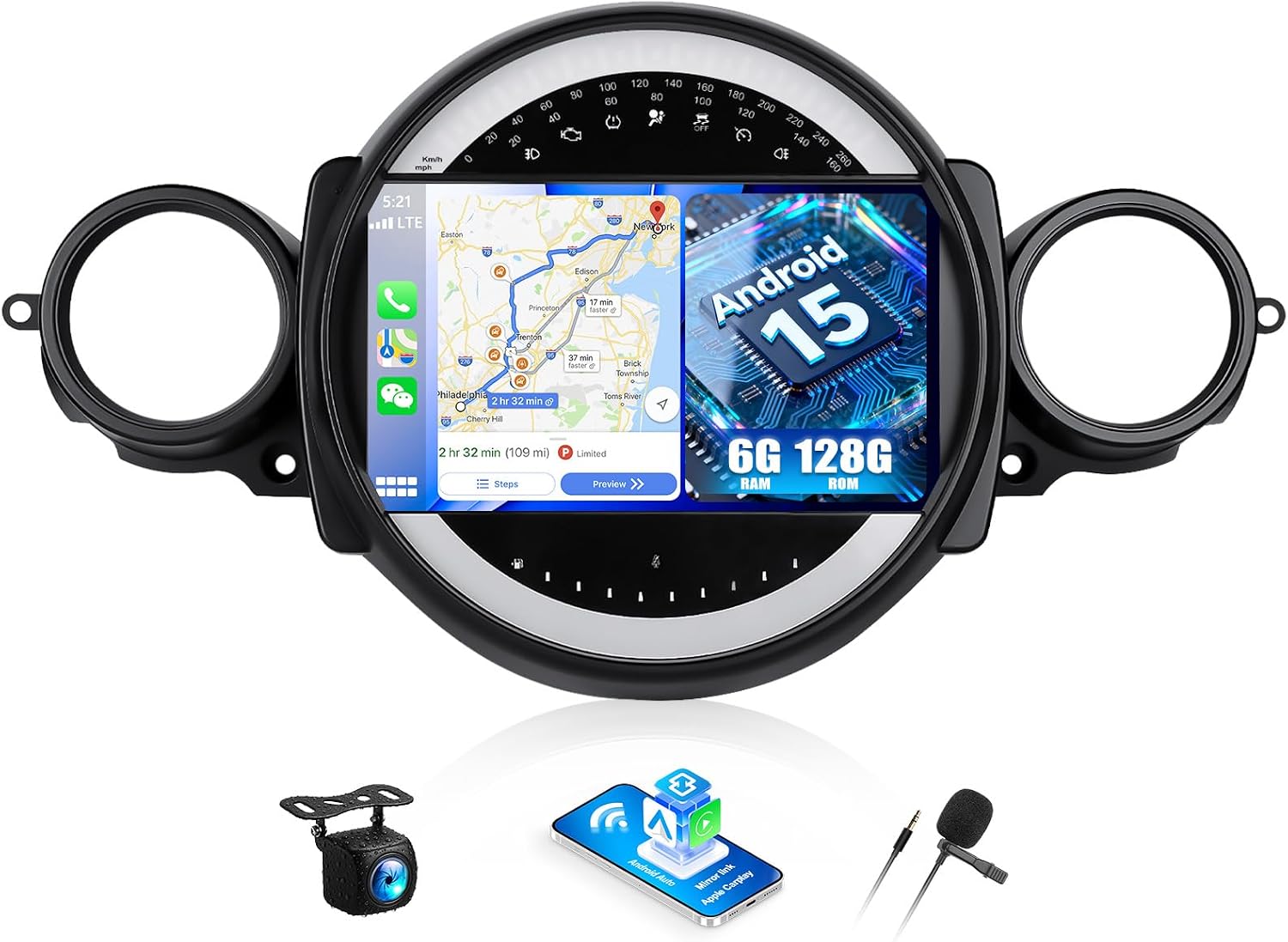 SIXWIN 6G 128G Android Car Stereo for BMW Mini Clubman/Mini Cooper 2007-2013 9 Inch Touch Screen with CarPlay Android Auto Bluetooth Weather Forecast 59UI GPS Navigation WiFi Network Radio 32EQ