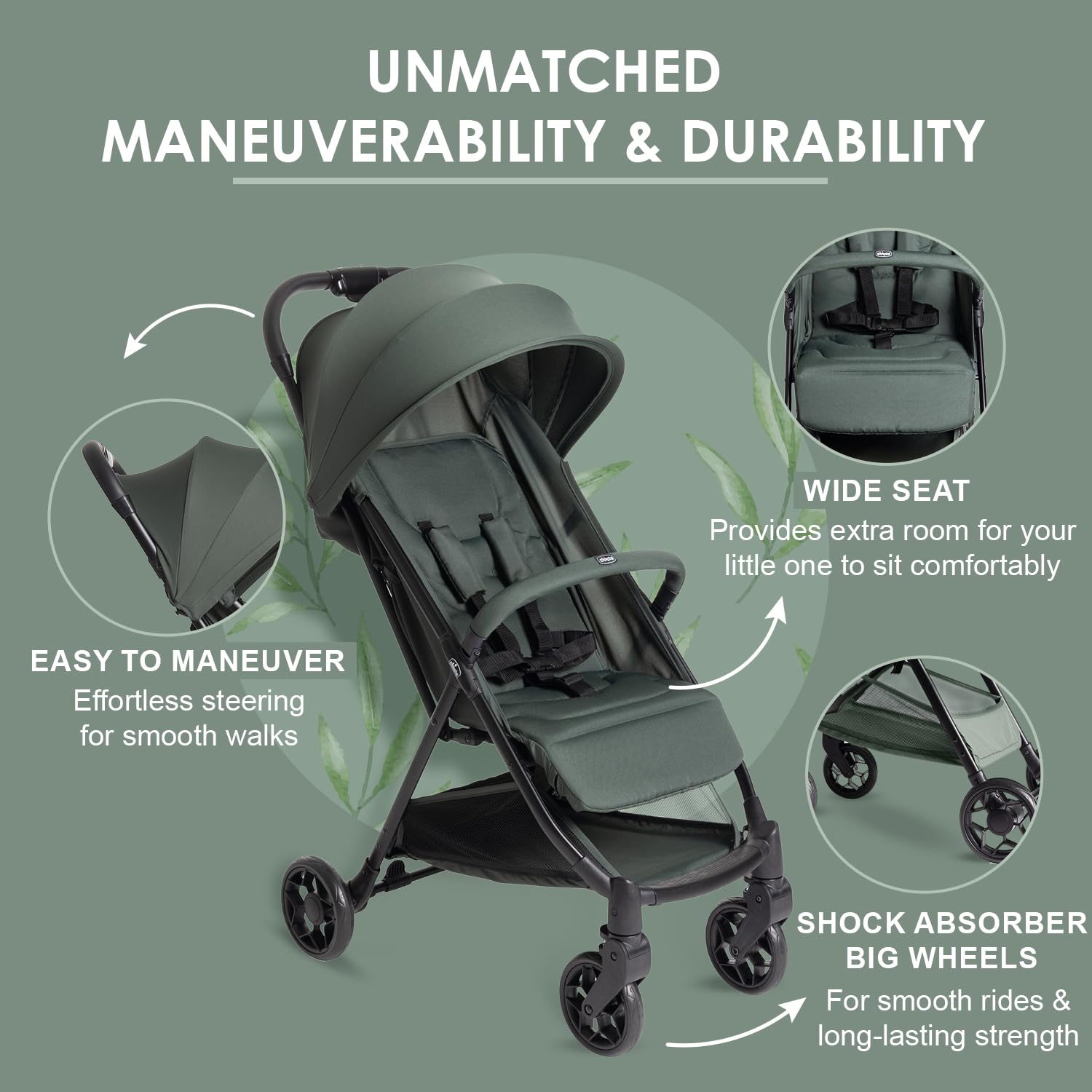 Chicco Urbino, Wózek 0+ miesięcy - 22 Kg, Lekki Wózek Spacerowy z Inteligentnym i Kompaktowym Składaniem, Rozdkładana Budka z Powłoką Przeciwdeszczową i UV50+, Odchylane i Regulowane Oparcie, Podnóżek