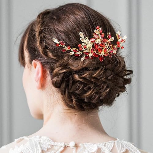 BETITETO Pieza de pelo de novia de cristal rojo con peine de flores de vid dorada, accesorios para el cabello para bodas, mujeres y niñas (dorado, disponible en Yaxa Peru