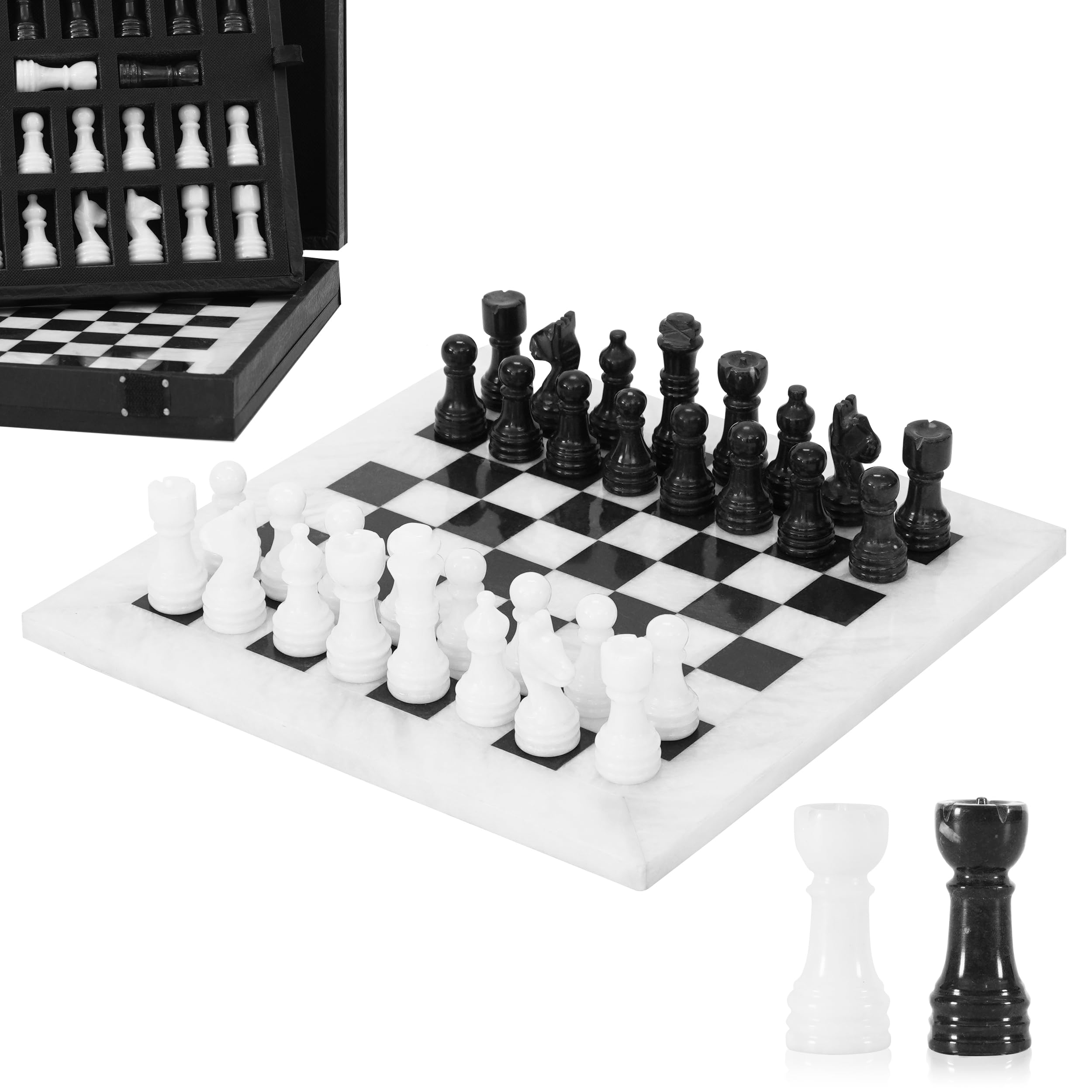 Jeu d'échecs en marbre fait à la main 25,4 cm, 32 pièces + 2 reines, boîte de rangement, voyage, cadeau élégant pour décoration