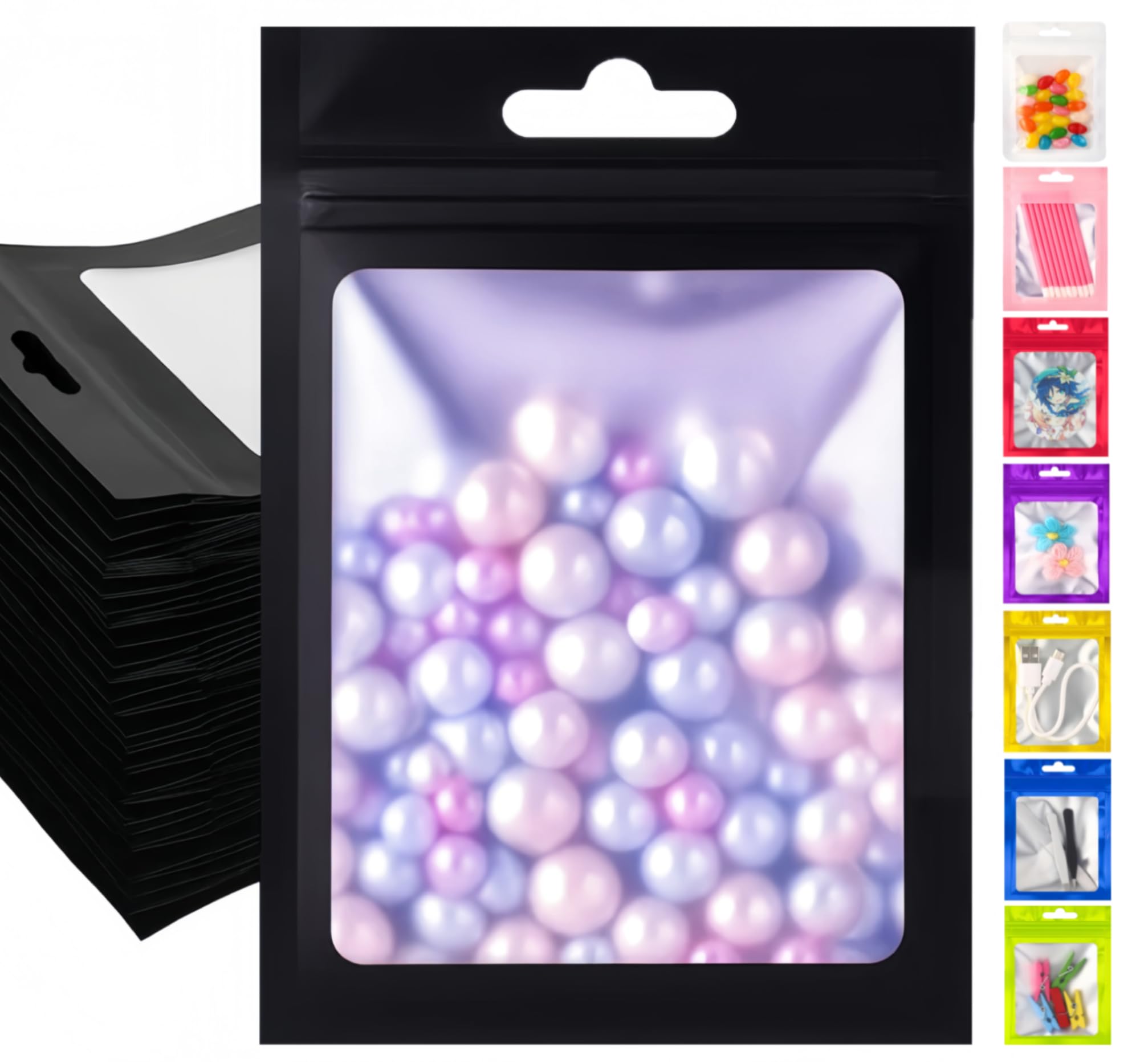 Plaphy 100-Pack Resealable Mylar Bags with Window, Ziplock Sample Bags, Aluminium Foil-Lined Pouches with Hang Hole for Food Storage, Accessories Packaging & Retail (Black, 3.1 x 5.1 inches)