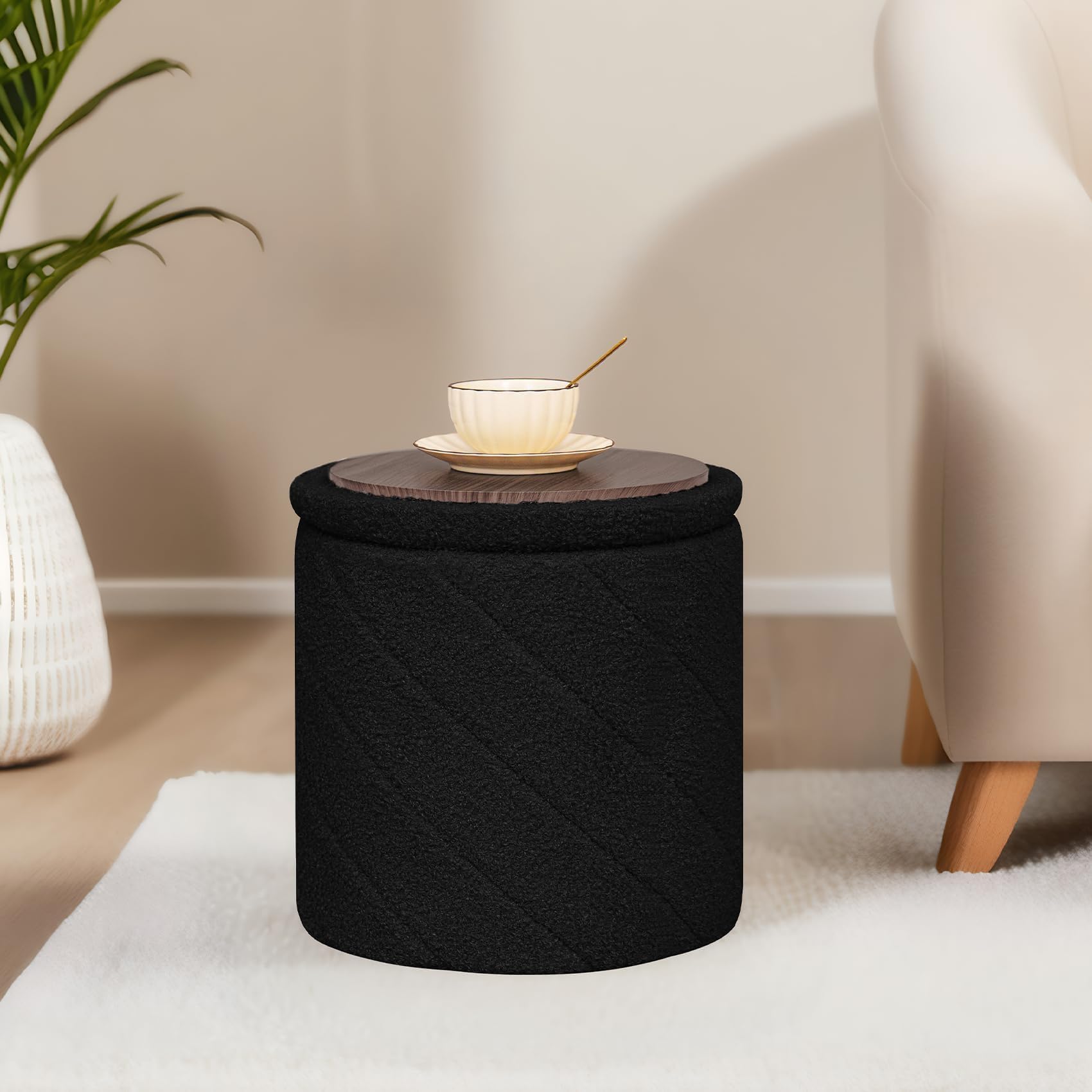 PINPLUS Pouf Contenitore Rotondo Pieghevole, in Teddy Bouclé, con Coperchio Ribaltabile come Tavolino, per Soggiorno e Camera, Ø 33 x 35 cm, Nero
