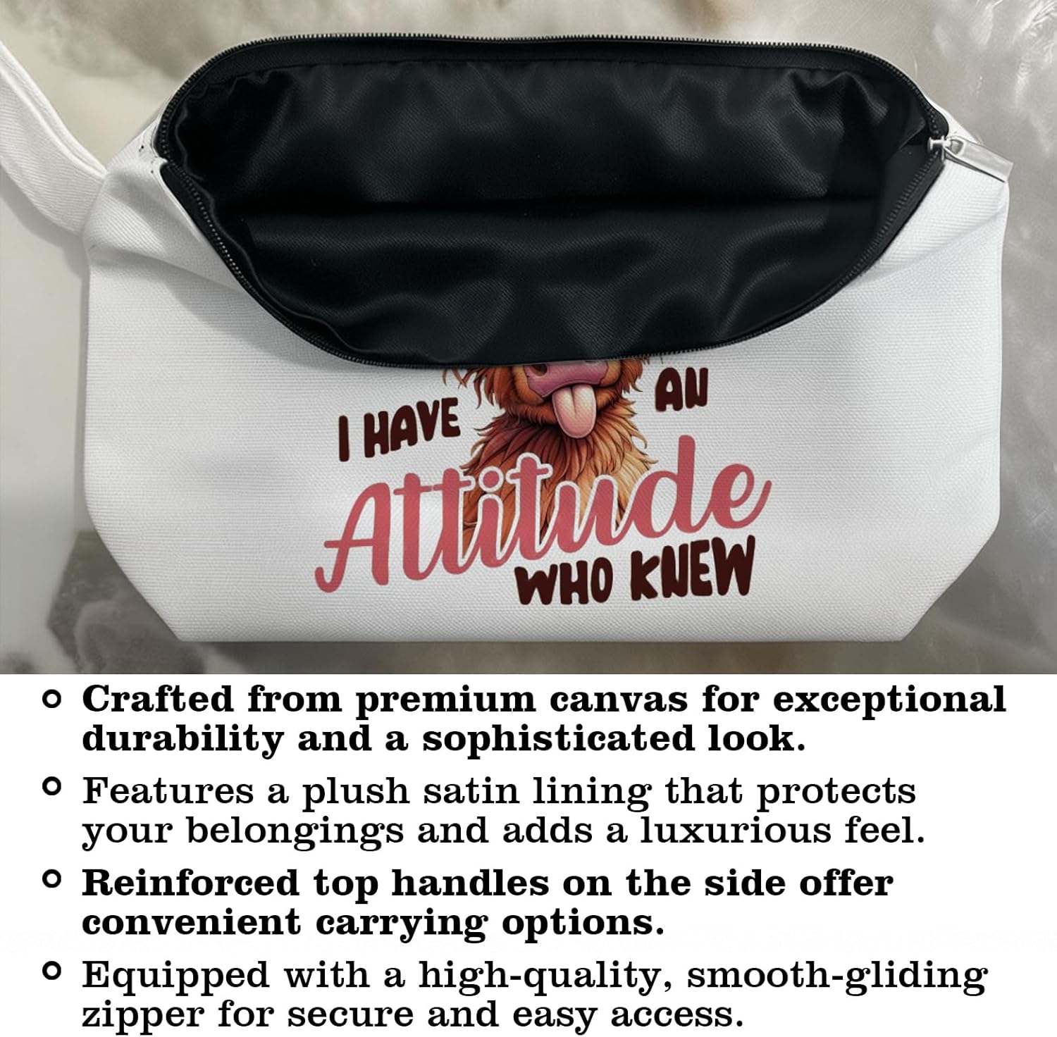 Highland Scottish Cow Makeup Bag - Highland Cow Themed Gifts for Girls Mom Women, Cosmetic Travel Bags for Women - Image 3