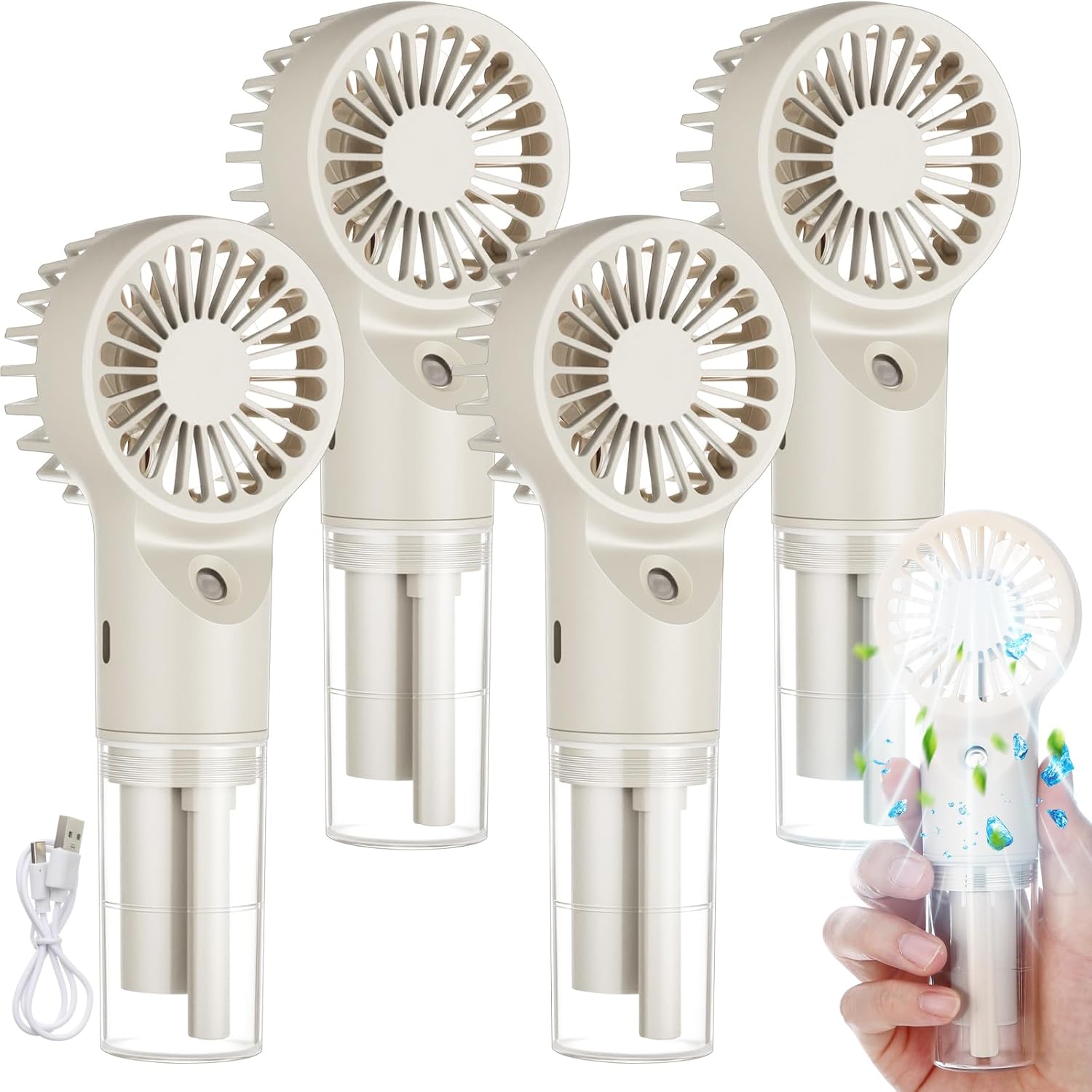 VIHOSE 4 Pcs Portable Misting Fan Rechargeable Battery Operated Handheld Mini Spray Water Mist Fan 4 Speed Small Cooling Hand Fans for Travel Outdoors Makeup (Beige)