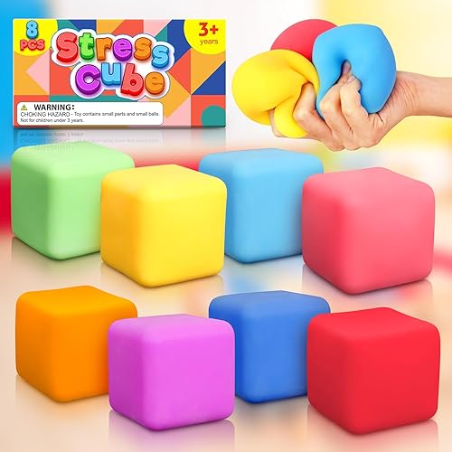 Miniatura 7 de Paquete de 8 cubos de estrés de aumento lento, juguetes elásticos para aliviar la ansiedad y el estrés, terapia de manos de forma cuadrada, juguete