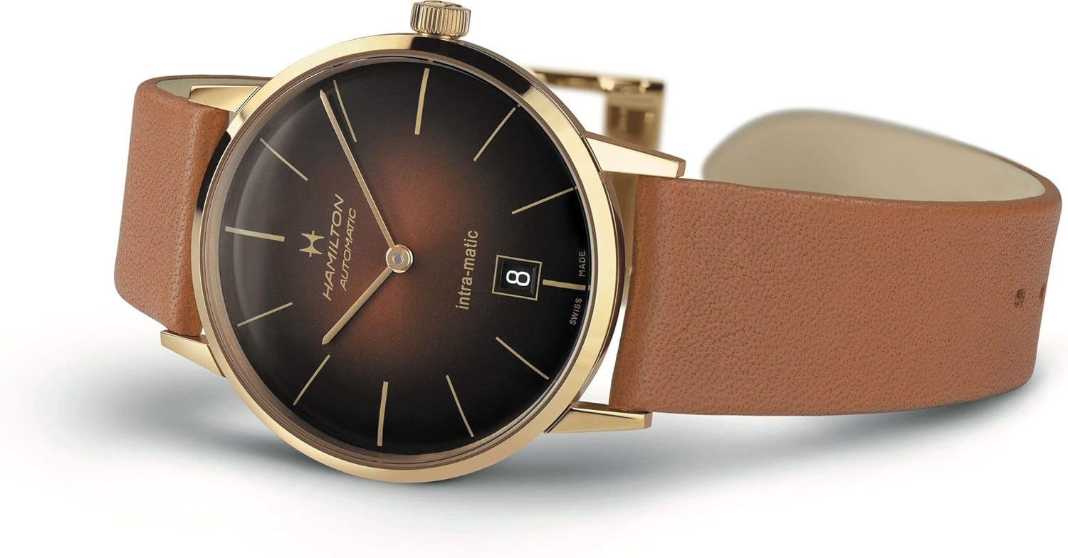 Hamilton American Classic Automatic Men's Watch, 38mm Stainless Steel Case, Swiss Made, Brown Dial Analog Wrist Watch for Men, 50m Waterproof, Sapphire Crystal, Calf Leather Strap