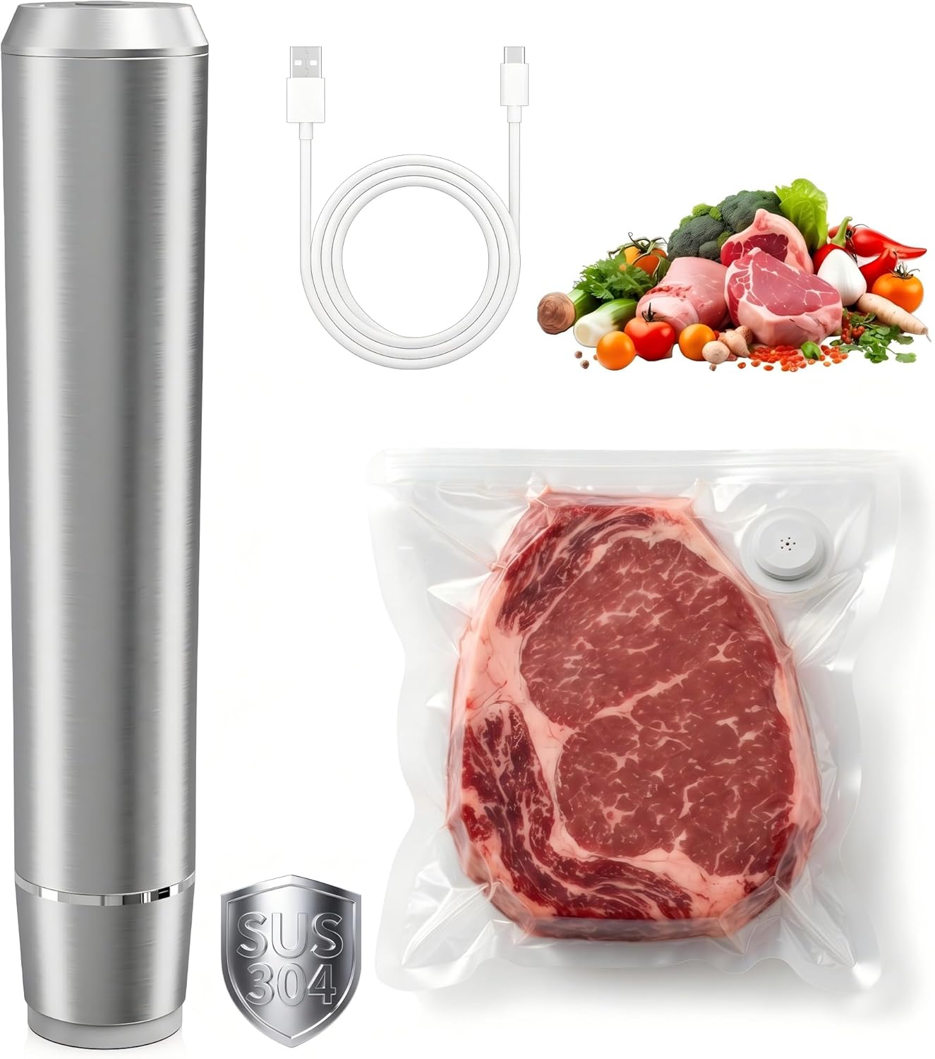Handheld Vacuum Sealer, 304 Stainless Steel Food Saver Vacuum Sealer Machine with 10 Reusable Bags & Adapter, Cordless Rechargeable Compact Vacuum Sealer for Food, Keep Fresh & Reduce Waste