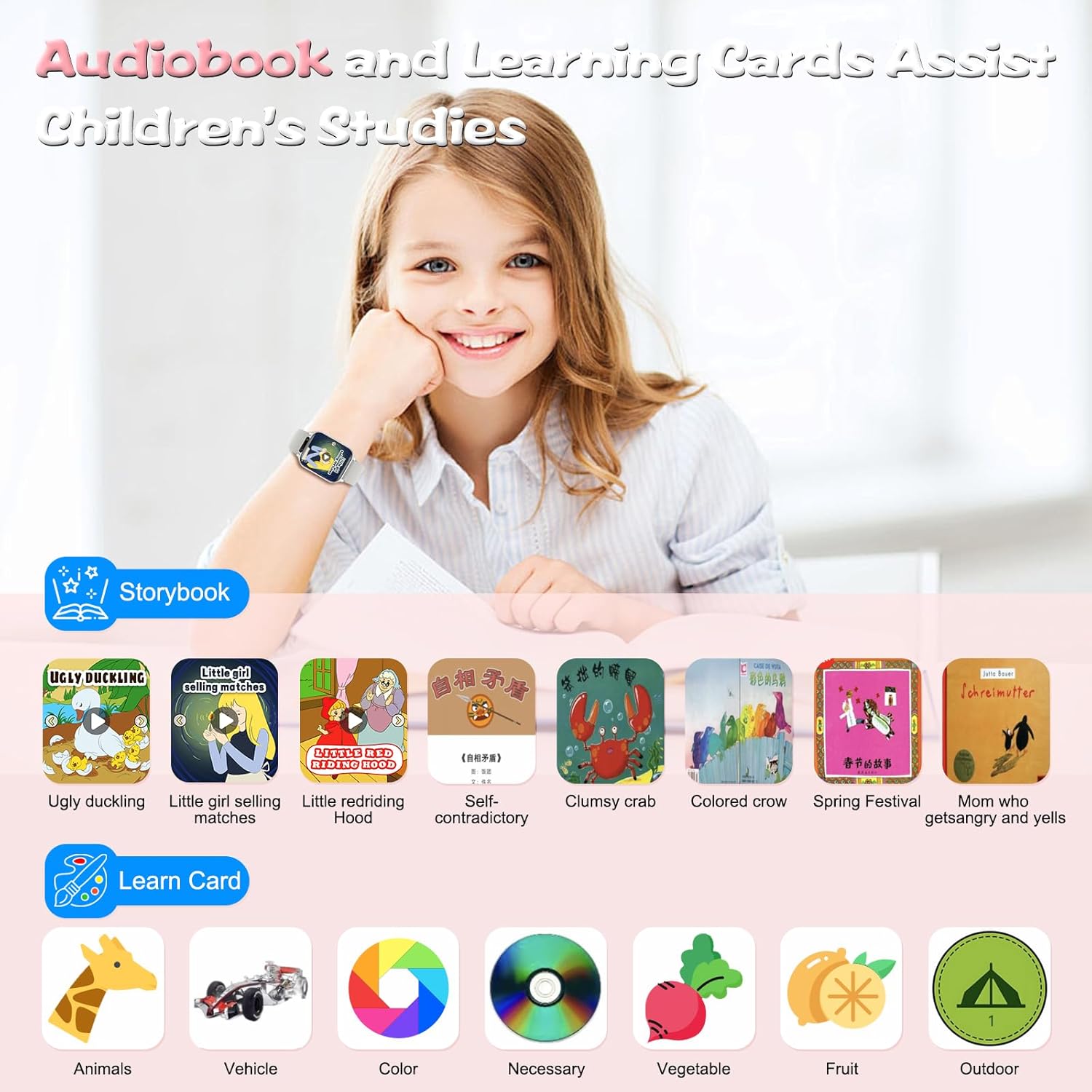 Image showing smart watch audiobook and learning card features