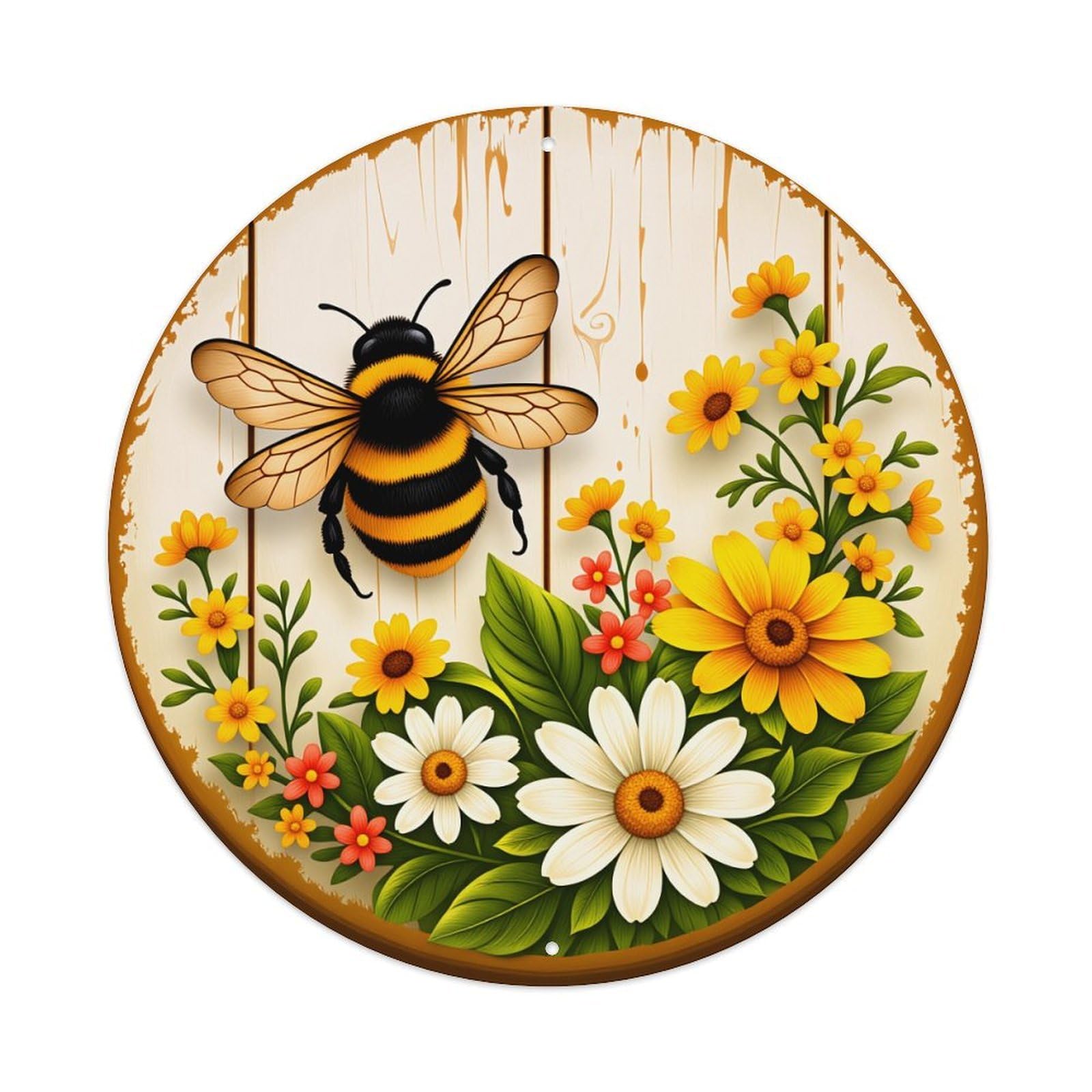 Bee And Flowers On Wooden Background Pattern Metal Tin Sign Plaque