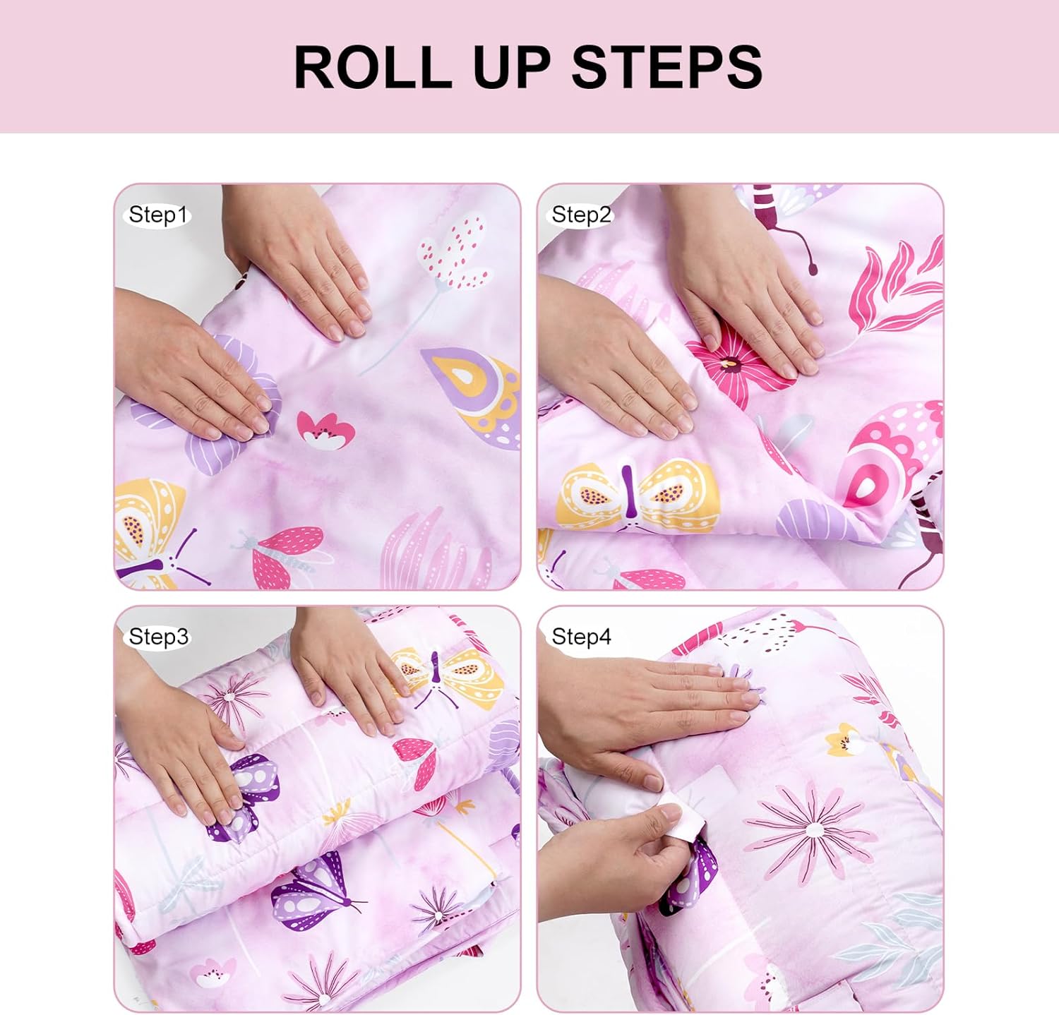 david's kids Toddler Nap Mat Set with Removable Pillow, Ultra Soft Slumber Bags for Girls，Perfect for Preschool, Daycare, Kids Sleeping Bags with Rollup Design, 50"x20", Butterfly