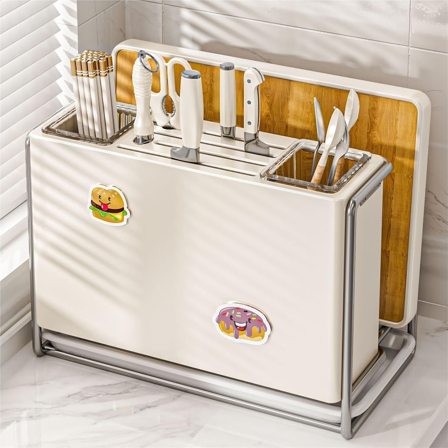 Kitchen Utensil Holder - 2 Compartment Countertop Organizer for Cooking Flatware, Spoon, and Spatula - Modern Design for Kitchen and Living Room Storage