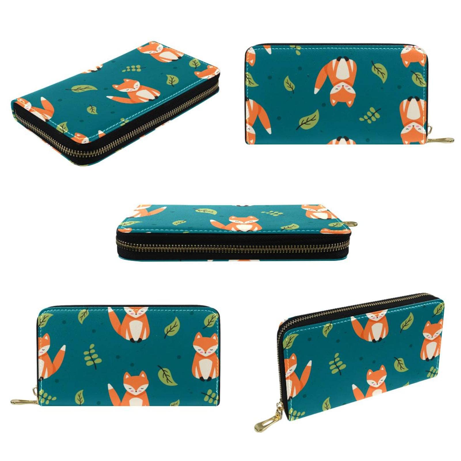 Cartera larga de cuero con cremallera de dibujos animados con patrón de hojas de arce, Varios colores, 20.5x2.5x11.5cm/8.07x1x4.53 in, Classic