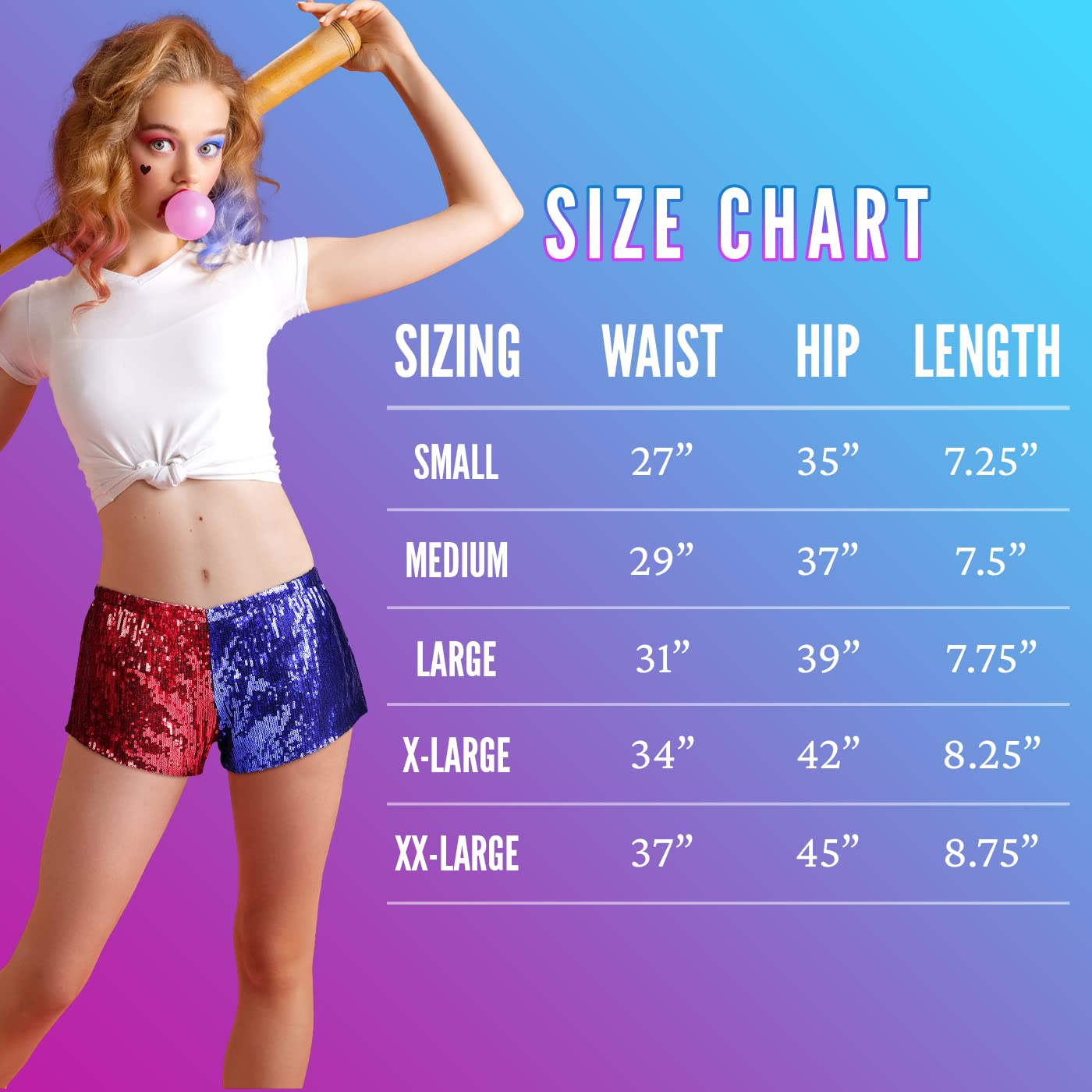 HDE Damen Rot und Blau Metallic Pailletten Booty Shorts für Harley Misfit Halloween Kostüm