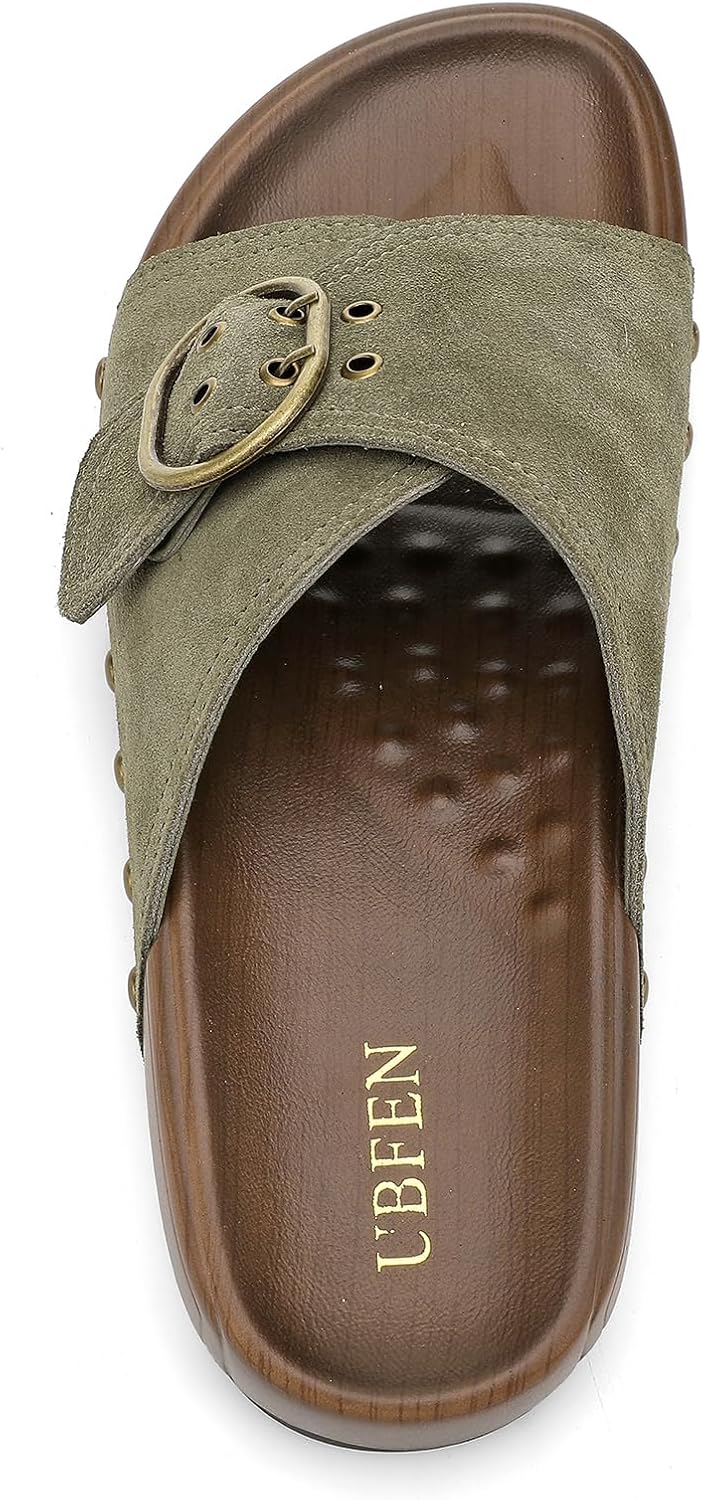 UBFEN Womens Platform Sandals Slides Genuine Leather Adjustable Buckle and Cushion Footbed Comfortable Slip On Retro Shoes - Image 5