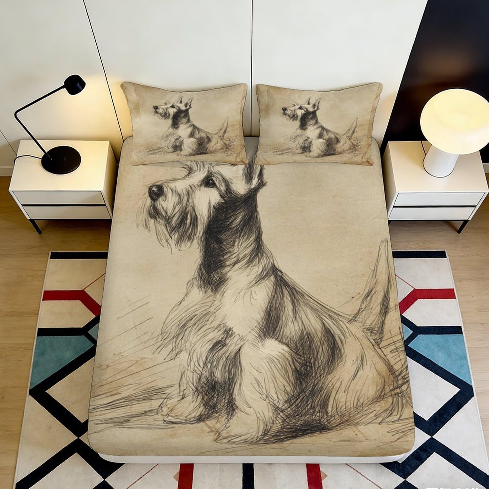 Pnayamiorkfel Style-6 3D Printed Sketch Dog Fitted Sheet Microfiber Soft Breathable Vintage Terrier Bed Cover For Bedroom Guest Room Decor 90X200x25cm