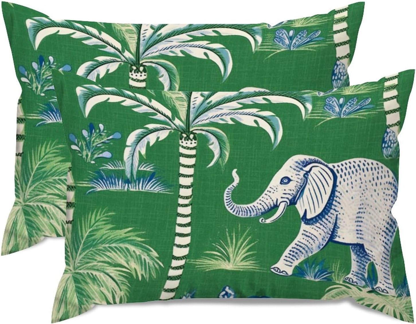 Green with Elephant and Donkey Pillow Cover Set of 2 Ethnic Style Lumbar Pillow Cover 20x30in Decorative Pillow Home Cotton Linen Chic Cushion Cases for Living Room Bedroom Chair Couch