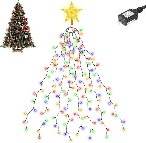 SALCAR Luces de árbol de Navidad con estrella superior, 6.6 pies x 8 hebras, 290 luces LED para árbol de Navidad de 6 a 8 pies, decoración de