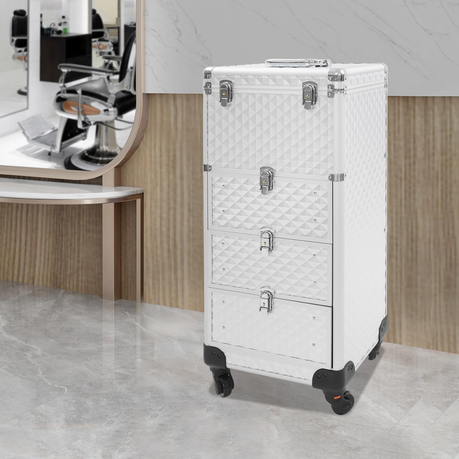 Valigia per trucco, valigia per trucco, per donna, con 3 cassetti e serratura di sicurezza, in lega di alluminio, 4 ruote, ideale per truccatori, trucco da sposa e professionisti, argento, 34*27*107cm