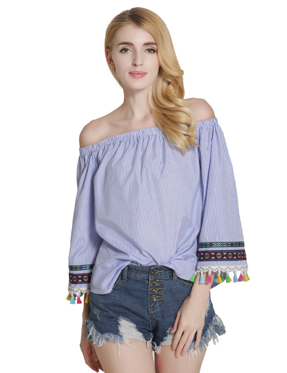 Women's Striped Off Shoulder Long Sleeve Loose Top Blouse