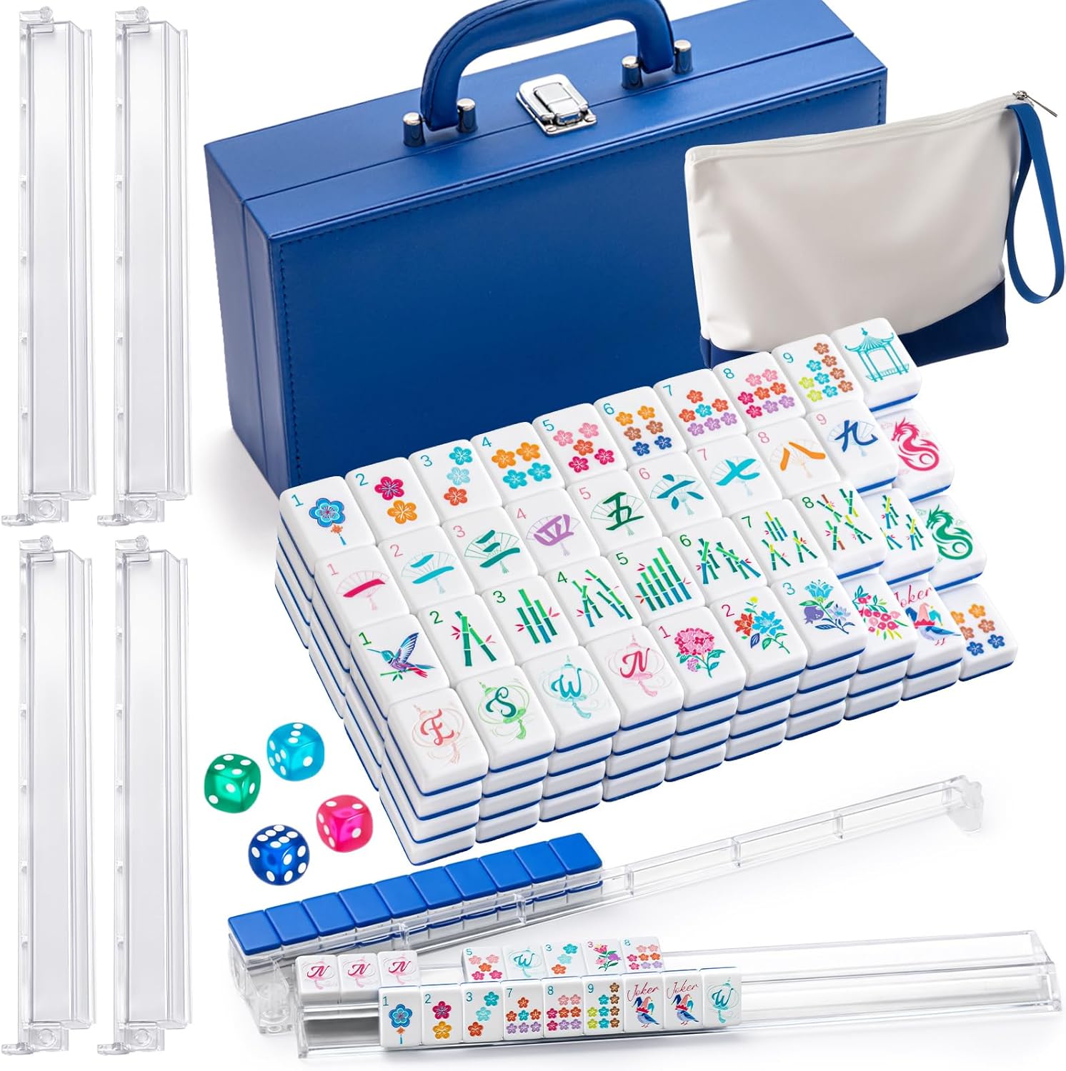 American Mahjong Set 168 Blossom Acrylic Numbered Tiles, 4 All-in-One Rack/Pushers, 4 Dice, Tiles Bag and Portable Travel Case Full Size Complete Mahjongg Game Set(Blue,Standard Size)